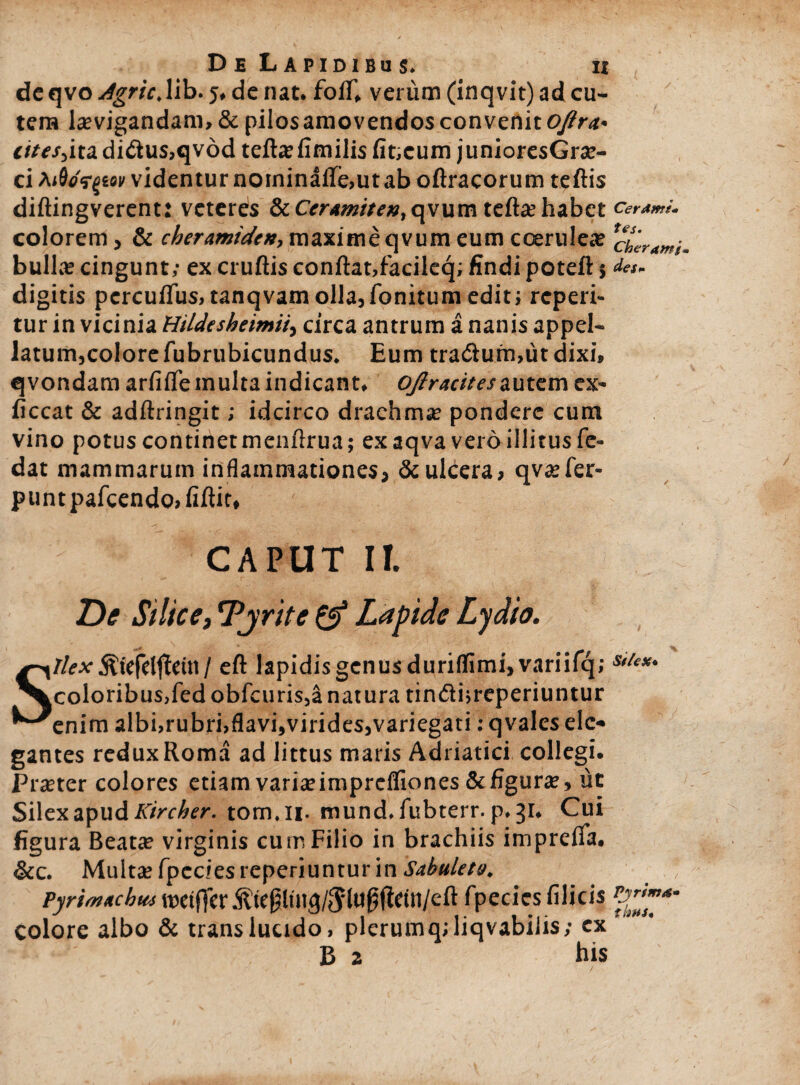 dc qvo Agrie,lib. 5, de nat. foll, verum (inqvit) ad cu¬ tem levigandam, & pilos amovendos convenit oftra* risita didus,qvdd teflefimilis fit;cum junioresGre- ci Mfofgm videntur nominafle,utab oflracorum teftis diftingverent: veteres StCcramiten, qvum tefle habet Ceret mi* colorem > & cheramtdcn, maxime qvum eum coerulee bulle cingunt; ex cruflis conflat,facileq; findi potefl 5 des. digitis percuflus, tanqvam olla,fonitum edit; repeti¬ tur in vicinia HiUesheimii, circa antrum a nanis appel¬ latum,colore fubrubicundus. Eum tradum,ut dixi, qvondam arfifTe multa indicant. ojlracitesautem ex- ficcat & adflringit; idcirco drachma? pondere cum vino potus continet menflrua; ex aqva vero illitus fe- dat mammarum inflammationes, & ulcera, qvefer- puntparcendo,fiflit, CAPUT II. De Silice} Tjrite & Lapide Lydio. Silex 5ttcfe!fieui / eft lapidis genus durilfimi,variifq; Sl/iX’ coloribus,fed obfcuris5a natura tin<5H,reperiuntur enim albi,rubri,flavi,virides,variegati: qvales elo gantes redux Roma ad littus maris Adriatici collegi. Praeter colores etiam variaeimprefliones & figura, ut Silex apud Kircker. tom.n. mund.fubterr. p. 31. Cui figura Beatae virginis cum Filio in brachiis impreifa. &c. Multae fpeciesreperiuntur in Sabuleto. * Pyrrntcbu* roetfier fpecies filicis colore albo & translucido, plerumq;liqvabiiis; ex B z his