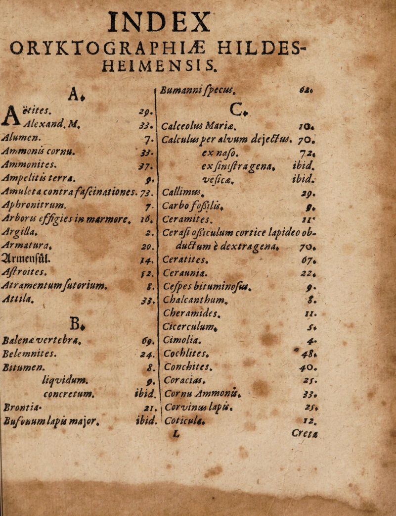 INDEX ORYKTOGRAPHIjE hildes- HE1MENSIS. A. Bumannifpecus^ (iM A etites, Alexand, A/, 29. C, 33, j Calceolus Maria. IO+ Alumen. 7- Calculus Per alvum dejefilus* 70* Ammonis cornu. 7** Ammonites. exfimfiragena. ibid. Ampelitis terra. vefica. ibid. Amuleta contra fa/cinationes. 73. Callimusm 29. Apbronitrum, 7* Carbo fofidis. 9* Arboris effigies in marmore, Ceramites. ii' Argilla♦ Cerafi ofiuulum cortice lapideo ob- Armatura, du filum e dextra gena, 70, 2(raienftH. Cerat it es. 67* Afirottes. Ceraunia. , 22, Atramentumfutorium. Cefpes bituminofm. 9* Atttla. | Chalcanthum, • % . t ■ B* Cberamides, //. Cicerculam\ JV Balena vertebra. Cimolia, 4* Belemnites. Cocblites, m4t* Bitumen. i'* Conckitcs. 4-0, liqvidum. , Cor acias. 2f. concretum, ffcW. | Ammonis, 1 H 33# Bromia• -2/. Corvinus lapis• Bufonum lapis major, Coticula, L Ov/*