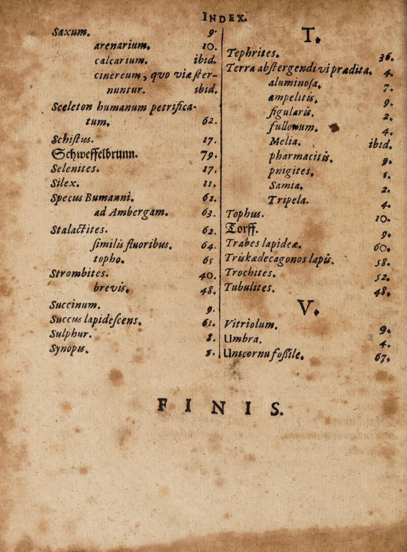 IN D E X. Saxum, arenarium* *(X caicar tum. tbid. cinereum > qvo vietfler- nuntur. tbid\ Sceleton humanum petrtfica m tum* 62, Schiflus. l7' 79> Selenites. *7> Silex♦ tu Specus Bumanni. 62. Ambergam. Stalaffites* 62. fi mi lisfluoribus. 64. topho• Strombites. ^o9 brevis* 4% * Succinam. Succus lapidefcens. Sulphur. Synopts* T* Trphrites. Terra abfiergendi vipradka* 4, altani no fit m. a ampelitlst V ~ p* figularis\ fullonum, % Melia. v ibtd. fharmacitls. P* pmgites. f. Samia* 2* Trtpela. 4• Tophus. /0. SEotff. > 0* Trabes lapidea. * eo. Trdkadecagonos lapis. ’ s$. Troe bites, S2m Tubulites, 4%* V* Vitriolum, ^4 Umbra, \ Umeor nuffiilc* 67* m FINI s.