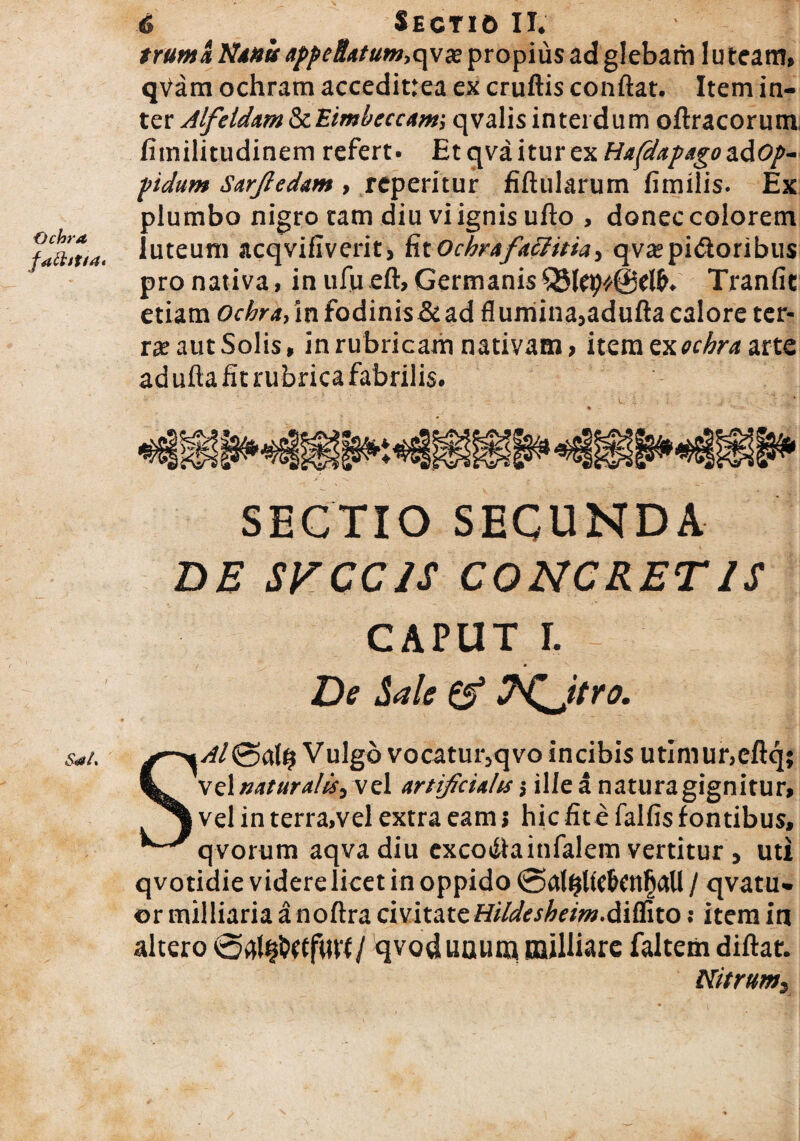 truma Nana afpeSatum,c\\!e propius ad glebam 1 u team» qVam ochram accedittea ex cruftis conflat. Item in¬ ter Alfeldam&Eimbcccam; qvalis interdum oftracorum, fimilitudinem refert. Etqvaiturex Hafdapagoa&op- pidum Sarjledam , reperitur fiftularum fimilis. Ex plumbo nigro tam diu vi ignis ufto , donec colorem fati,?/*, luteum acqvifiverit, fitOchra factitia, qvajpi&oribus pro nativa, in ufueft, GermanisTranfit etiam Ochra, 'm fodinis & ad flumina, adufta calore ter¬ ree aut Solis, in rubricam nativam, itera ex ochra arte ad ufta fit rubrica fabrilis. SECTIO SECUNDA DE SVCC1S CONCRETIS CAPUT I. j De Sale INjtro. sat. @al§ Vulgo vocatur,qvo incibis utimur,cftqj vel natur alis, vel artificialis; ille a naturagignitur, ^ vel in terra,vel extra eam j hiefite fallis fontibus, qvorum aqvadiu excoiflainfalem vertitur , uti qvotidie videre licet in oppido @al£lfC&Cttl)aU / qvatu- or milliaria a noftra civitate Hildesheim.diOito: itera in altero Sal^ttfurt/ qvod uauna railliare faltem diftar. Nitrum,