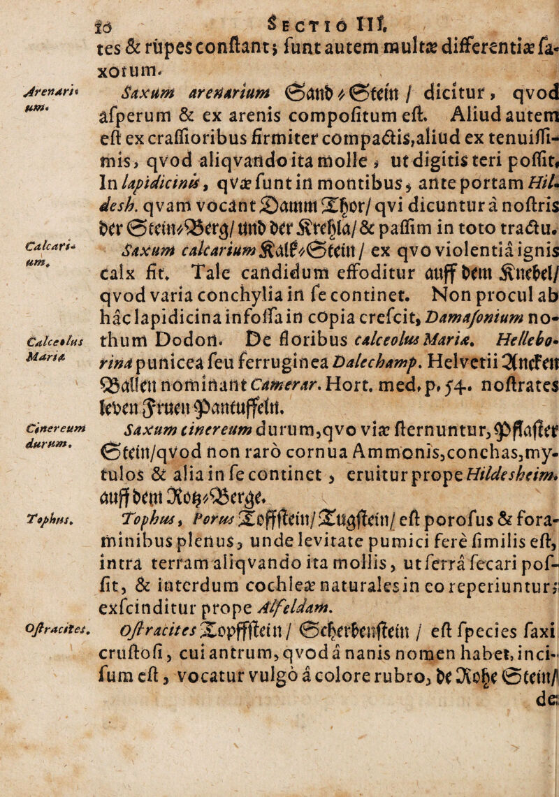 UM* Calcari'* \ um. Calceolus Mana , ■ \ Cinereum durum. 7*iphtis. Oftracites. ia Sectio II f, tes & rupes confiant s funt autem multa? differentis fa« xotum. afperum & ex arenis compofitum eft. Aliud autem eft ex craflioribus firmiter compadis,aliud ex tenuiffi- mis, qvod aliqvando ita molle , ut digitis teri poflit, In lapidicinis, qvs funt in montibus , ante portam Hil, desh. q vam vocant Smnm 2i£or/ qvi dicuntur a noftris &Cr@tdn^d,g/ttnHd?$rd)la/& palfim in toto tradu. Saxum calcarium$aff*0fdn/ ex qvo violentia ignis calx fit. Tale candidum effoditur attff bdtt SintWll qvod varia conchylia in Ce continet. Non procul ab haclapidicinainfoffairt copia cretclt, Dama/otsium no¬ thum Dodon. De floribus calceolus Maria, Hellebo• rina punicea feu ferruginea Dalcchamp. Helvetii 3(ncFdt Q3dl!dt nominant Camerar. Hort. med, p, 54. noftrates fcbdt $rudt ^pantuffdti. Saxum einereumdurum,qvo vis fternuntur,^ffafld? 0fdtt/qvod non raro cornua Ammonis,conchas,my- tulos & alia in fe continet, eruitur prope Hildesheim. v t i Tophus, Porus ^efffidtt/S&lgftdn/ eft porofus & fora¬ minibusplenus, unde levitate pumici fere fimilis eft, intra terram aliqvando ita mollis, utferrafecari pof- fit, & interdum cochlesnaturalesin eoreperiuntur,; exfeinditur prope Alfeldam. oj-racites%opffilnnI ©cferfenftdii / eftfpecies faxi cruftofi, cui antrum, qvod a nanis nomen habet, inci- fum eft, vocatur vulgo a colore rubro, fce Dio§e 0tdtt/, dc