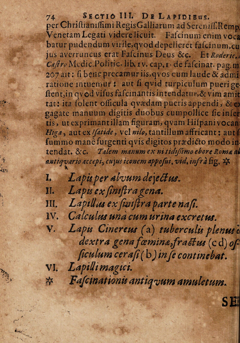 perChriftianiffimiRegisGalliarum adSereniifiRemp, Venetam Legati videre licuit, Fafcinum enim voca batur pudendum viriie.qvoddepelieret fafcinum,cu¬ jus averruncas erat Fafcimis Deus &c. Et Rodertc,i Cafiri Medie,Poii tic. libe iv. cap-.i- de fafeinat. pag.ro. 207 ait: fi bene precamur iis.qvos cum laude & ad mi ratione intuemur S aut fi qvid turpiculum pueri ge- fient,in qvod vifus fafcinantisintendatu r, & vim amit tat: ita folent officula qvxdam pueris appendi, &ej gagate manuum digitis duobus eumpollice fieinfer¬ tis, ut exprimant illam figuram, qvam Hiipani vocatu H/ga, aut sx fetide, vel nilo, tantillum affricant: antf fu mino mane fulgenti qvis digitos prtedido modo in¬ tendat. &’C. Talem manum ex nitidifitno ebore Romaal mtiqvarip accepi^ cujus iconem appofui. vid, infra fig, dp I II. III. IV. V. Labkper alvum de\e£tus. Lapis exfimftragena. Lapilli# exjwiftra barte naft. Calculus una cum urina excretus. Lapis Cinereus (a) tuberculis plenus dextra genafceminafraftus (c d) of- fIculum ceraf (b)injfe continebat, ici. c