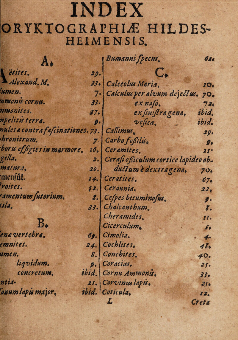 INDEX ORYKTO GRAPHICS HILDES- HEIMENSIS. A, etttes+ Alex and, M* hmen. nmonis corna, nmonites. npelitis terra• zp. SJ. 7- r #/« £7* nuleta contra fafiinationes. 7$. 1hronitrum. 7. effigies in marmore* 16% gilla+ 2. matura* 20, menfsll. lroites, f2\ ^amentumfutorium* s. tyti* ££. Eumannifpecm* C * Calceolm Maria, /o* Calculus per alvum de) e Eius. 70* *.v 72* f #fmtftragem, ibid[ vefica* ibid* Caflimmm 2p* Carbo fofiills* §* Cer amites, /j® Cerafi ojsiculum cortice lapideo eb¬ ena* ; B* vertebra* em nites, umen. liqvidam. concretum. ntia* ''omm lapis major. 24- 8. P ibid. <2/. ibid.. Ceratites, Ceraunia• Ce/pes bituminofm* Chalcanthum* Cberamides* Cicer culum# Cimolia. Cochlites* Concbites* Coracias* Cornu Ammonis* Corvinus lapis. Coticula\ £ tf/* f. //. /♦ * #• 12* Creta