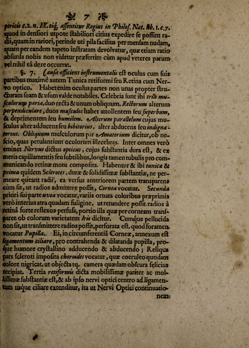 ptricisC.t.n. IX. ei^ ajfentitur Regius in ‘Philo/. Nat. Ub. X.cj. quod indenfiori utpote flabiliori citius expedire fe poffint ra¬ dii, quam in rariori, perinde uti pila facilius per menfam nudam, quam per eandem tapeto inflratam devolvatur, quae etiam ratio abfurda nobis non videtur prasfertim cum apud veteres parum* pel nihil ea de re occurrat. §• 7. (aufa efficiens inftrumentalis eft oculus cum fuis partibus maxime autem Tunica retiformi feu Retina cum Ner¬ vo optico. Habet enim oculus partes non unas propter ftr u- fiurara fiiam & ufum valde notabiles. Celebria funt ibi trih mu- fculorutp paria,duo reda & unum obliquum, Rettorum alterum perpendiculare, duos mu/culos habet attollentem feu Juperbum, & deprimentem feu humilem. ss4lterum parallelum cujus mu- fculus alter adducens feu bibitorius, alterabducens feu indigna - tortus. Obliquum mufculorum par Amatorium dicitur,ob ne- fcio,quas petulantium oculorum illecebras. Inter omnes vero eminet Nervus didhis opticus, cujus iubftantia dura eft, & e* meris capillamentis feu fubtilibus,longis tamen tubulis pro com¬ municando retinae motu compofita. Habentur & ibi tunica & prima quidem Sclerotes, duras & folidiffimae fubftantise, ne per¬ meare queant radii’, ea verfus anteriorem partem transparens cum fit, ut radios admittere poflit, Cornea vocatur. Secunda priori fuiparte«avocatur,variis ornata coloribus prseprimis Vero interius atra quadam fuligine, ut retundere poflit radios a retina forte reflexos perfufa, portio illa quse per corneam tranf- paret ob colorum varietatem Iris dicitur. Cumque pellucida non fit,ut tranfmittere radios poffit,perforata eft, quod foramea Vocatur Pupilla,. Ei, in circumferentia Cornea?, annexum eft ligamentum ciliare,pro contrahenda & dilatanda pupilla, pro- que humore cryftailino adducendo & abducendo 5 Reliqua pars fderoti impofita ckoroides vocatur , quse coeruleo quodam colore nigricat, ut ob/e&a tq. camera quasdam obfcura felicius recipiat. Tertia retiformis di&a mobiliffima? pariter ac moi- Iiffimasfubftantiaseft,& ab ipfo nervi optici centro adiigamen- tum usque ciliare extenditur, ita ut Nervi Optici continuatio- 1 nem*