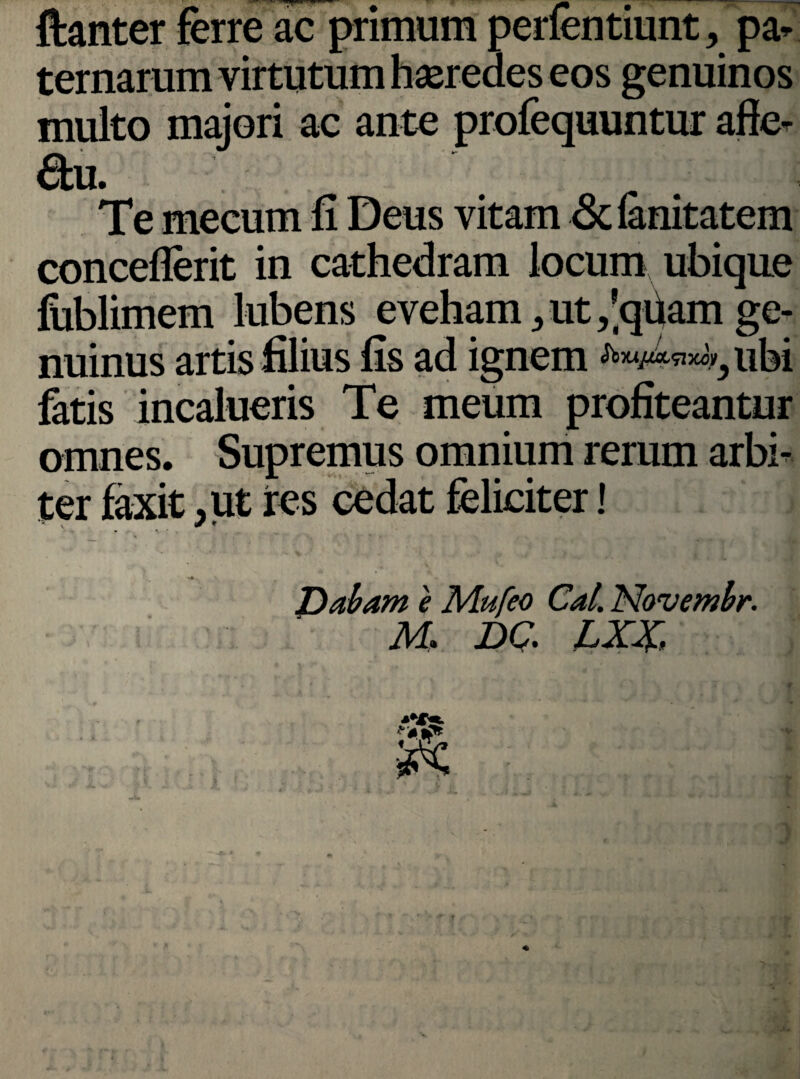ftanter ferre ac primum perfentiunt, pa¬ ternarum virtutum heredes eos genuinos multo majori ac ante profequuntur afte- &u. Te mecum fi Deus vitam & lanitatem conceflerit in cathedram locum ubique fublimem lubens eveham „ ut ,’quam ge¬ nuinus artis filius fis ad ignem ubi fatis incalueris Te meum profiteantur omnes. Supremus omnium rerum arbi¬ ter faxit ,ut res cedat feliciter! • ~ » '4 ‘ . Dabam e Mufeo Cal. Novembr. M, DQ LXX,