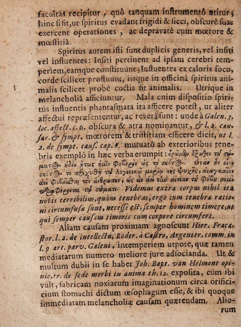 recipkur r qu6 taflquam fnftrattiefttA atltur j' Jiinc fi fit,ut- fpiritus evadant frigidi & ficci, obfcure fuas exercent operationes , ac depravati cum moerore & ttioeftitia. ' *V:; Spiritus autem ifti funt duplicis generis, vel infiti -vel influentes: Injici pertinent ad ipfam cerebri tem¬ periem,eamque conftituuntj Influentes ex caloris foco, corde ficilicet profluunt, iisque in officina fpiritus ani- malis fcilicet probe codis fit animalis. Utrique in melancholia afficiuntur. Mala enim difpofitio fpiri- tus influentis phantaftnata ita afficere poteft, ut aliter affedui rcprsfententur, ac revera di nt: unde a Gakn.j, loc.affef.c.6. obfcura & atra nominantur, ,eW.4. cau, J*r.&fjmpt,•moerorem'&triftitiam -efficere dicit, ut l. 2. dejympt. cauf. cap. f. mutuato ab exterioribus tene¬ bris exemplo it) haec verba erumpit: igZfSp ttf <&> fUr&sti» Itos n$* 1<ar 'W «A&p 6jm h oht> cxot& ti ■s&xvS-ji rd Acyinxu ftopfa viiyozns» W*?**iaw det «» * m «» «« fti uria* i2 <p<f& ovfii ©4-. (priora mi mpa-n- Videmus extra corpus nihil ita n6bis terribilius,quam tenebras, ergo cum tenebra ratio-, ni circumfitf* fint,necejft eft,femper hominem timere,M auifemper caiifam timoris cum corpore circumfert, v Aliam c aulam proximam agnofeunt Hier. Fraca* flor. L 2. de intellectu, Roder. a Cafiro, Ar.genter, comm. in l. ff art.parv. Galeni . intemperiem utpote,quae tamen mediatarum numero meliore jure adfoeianda. Ut & multum dubii in fe habet Joh. Bapt. van Helmont oph nic,tr.de (ede morbi in anima tb.12. expolita, ciim ibi vult,fabricam noxiarum imaginationum circa orifici- cium fiomachi didutn oesophagum effe, &ibi quoque immediatam melancholias caufam quaerendam? Aho* rum