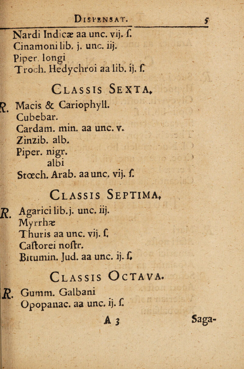 Nardi Indica; aa unc. vij. f. Cinamoni lib. j. unc. iij. Piper longi Troch. Hedychroi aa lib. ij. C Glassis Sexta, £ Macis & Cariophyll. Cubebar. Cardam, min. aa unc. v. Zinzib. alb. Piper, nigr. albi Stoech. Arab. aa unc. vij. f. Classis Septima Ώ Agarici lib.j. unc. iij. Myrrha; Thuris aa unc. vij. C Caftorei noftr. Bitumin. Jud. aa unc. ij. f. Classis Octava 122. Gumra. Galbani Opopanac. aa unc. ij. f.