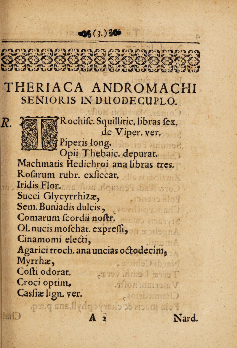 mwm THERIACA ANDROMACHI SENIORIS IN DUODECUPLO, : Rochife. Squillitic, libras fex. de Viper. ver. Piperis long. Opii Thebaic. depurat. Machmatis Hedichroi ana libras tres. Rofarutn rubr. exliccat. Iridis Flor. Succi Glycyrrhrza;, Sem.Buniadis dulcis. Comarum feordii noftf. Ol. nucis mofehat. expreffi, Cinamomi elecli, Agarici troch. ana uncias octodecim, Myrrha;, Cofti odorar. Croci optim* Casiis lign. ver. Nard.