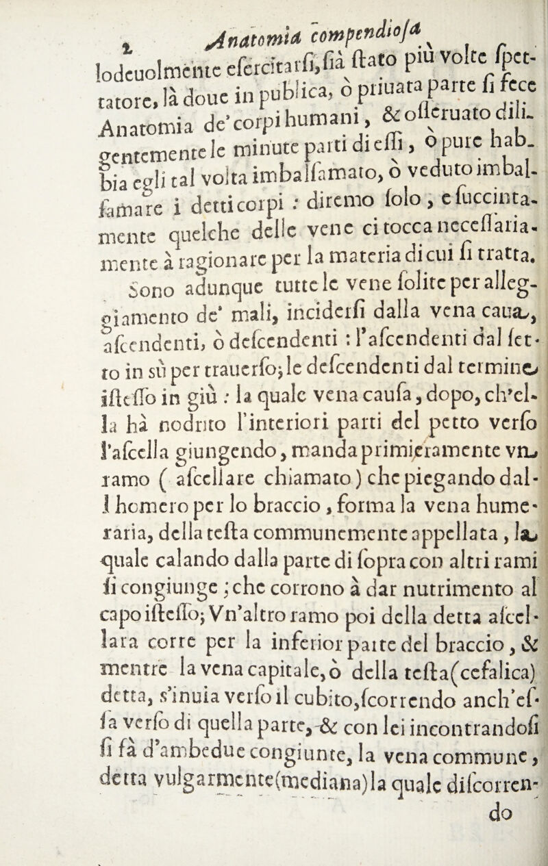 ò a fo , Anatomia compendio/*^ lodcuolmcmc elercitarftfià flato pm volte fot. latore» là douc in publica, o pnuata parte fi fece Anatomia de corpi Immani, & oUeruato di i. «ntcmentelc minute pam dreffi, Ppuie hab bia ajlì tal volta imballamato, o veduto un bai- Ornare i detti corpi : diremo lolo, e fuccinta- niente quelche delle vene ci tocca ncceflaiia- mente à ragionare per la materia dicui fi tratta. Sono adunque tutte le vene lolite per alleg¬ gi a mento de* mali, inciderli dalla vena caua^, fcendcnth ò dcfccndenti : Pafccndenti dal (et* .o in sii per traucrfojle defeendenti dal termino ìiicfio in giù : la quale vena caufa, dopo, ch’el¬ la ha nodnto l’interiori parti del petto verfo l’alcclla giungendo, manda primieramente vil lamo ( afccliare chiamato) che piegando dal* 1 hemero per lo braccio, forma la vena hume- raria, della teda communcmentc appellata , Isl» gitale calando dalla parte di {opra con altri rami li congiunge ;chc corrono à dar nutrimento al capo iftcilojVn’altro ramo poi della detta alccb lata corre per la inferior patte del braccio , & mentre la vena capitale, 6 della tcfta(ccfalica) detta, s’inuia vedo il cubito,{correndo anch’ef* fa verfo dì quella parte,-& Con lei incontrandoli fi fa d ambedue congiunte, la vena commune, detta vulgarmcnte(mcdiana) la quale di (correli do