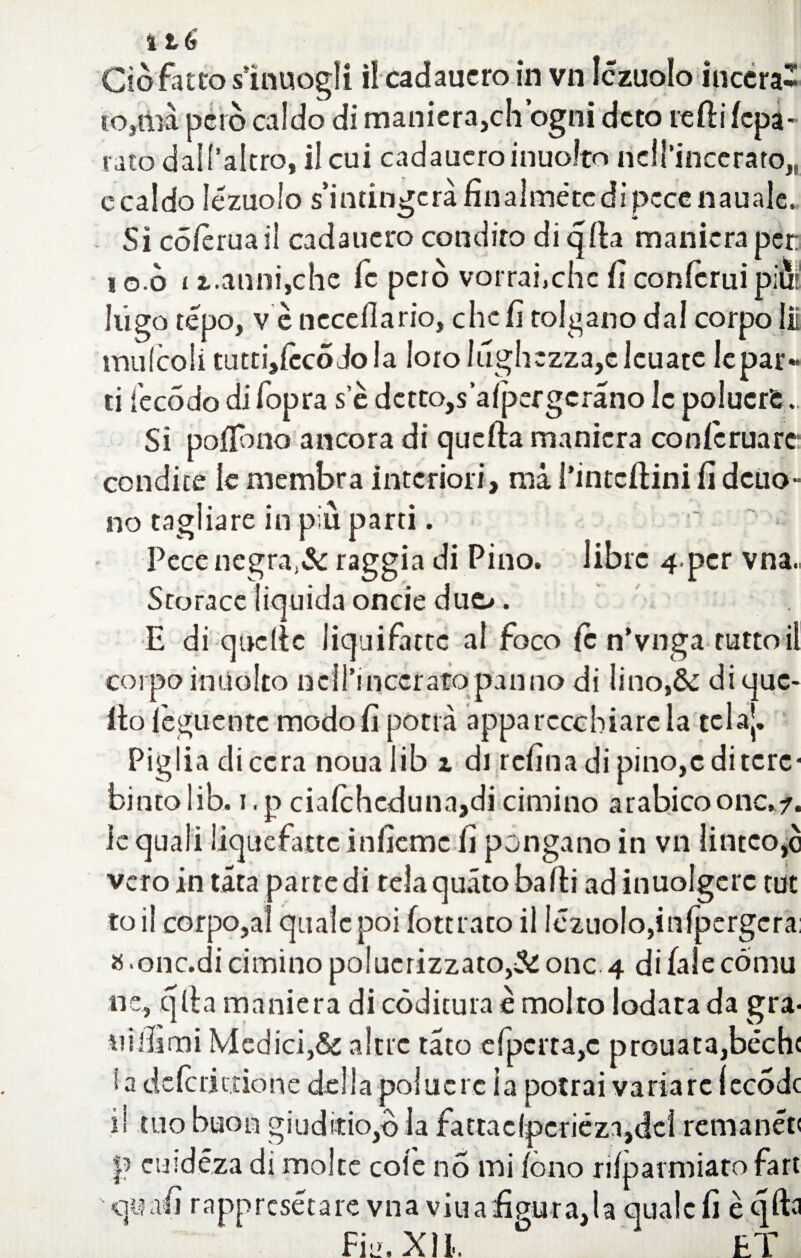 to, ma però caldo di manieragli ogni dcto redi (epa- rato dall’altro, il cui cadaueroinuolto nell’incerato,, c caldo Iézuolo s’i n tinge rà fi n al me te d i pece n a u ale. Sì có/èrua il cadaucro condito di qlla maniera per i o.ò i i.anni,che fc però vorrafichc fi conlcruipifii Iiigo tepo, v e necefiario, che fi tolgano dal corpo li mufcoli tutti,(ccodola loroIughezza,clcuate lepar- ti i'ecodo di fopra s edettOjs’alpefgcrànolcpolucrS. Si poflbno ancora di quella maniera conlcruare condite le membra intcriori, ma Pintcftini fi delio- no tagliare in più parti. Pece negra,& raggia di Pino, libre 4 pcr vna., Storace liquida onde duo . E di quelle liquifattc al foco fc n’vnga tutto il corpo imiólto nell’incerato panno di lino,&: di que¬ llo (cguentc modo fi potrà apparecchiare la tela*. Piglia di cera noualib z di refina di pino,c di tere¬ binto lib. i.pcia(cheduna,dicimino arabico onc. 7. Jc quali liquefatte inficmc fi pongano in vn lintcojc vero in tata parte di tela quàto balli ad inuolgcrc tilt toil corposi quale poi fottrato il Iczuolo,infpergcra: 8 -onc.di cimino polarizzato,& onc 4 di (ale co mu ne, qlla maniera di còdituraè molro lodatada gra¬ nulimi Medici,& altre tato efpcrta,c prouata,bèch< i a deferì elione dellapolucrc la potrai variare lecodc il tuo buon giuditiOjò Ja fattac(pcriéza,dcì remanér |? eusdéza di molte cole no mi (ono rilparmiato fart 'qnafi rappresétare vna viuafigura,la quale lì èqfta Fiu.XìL ET