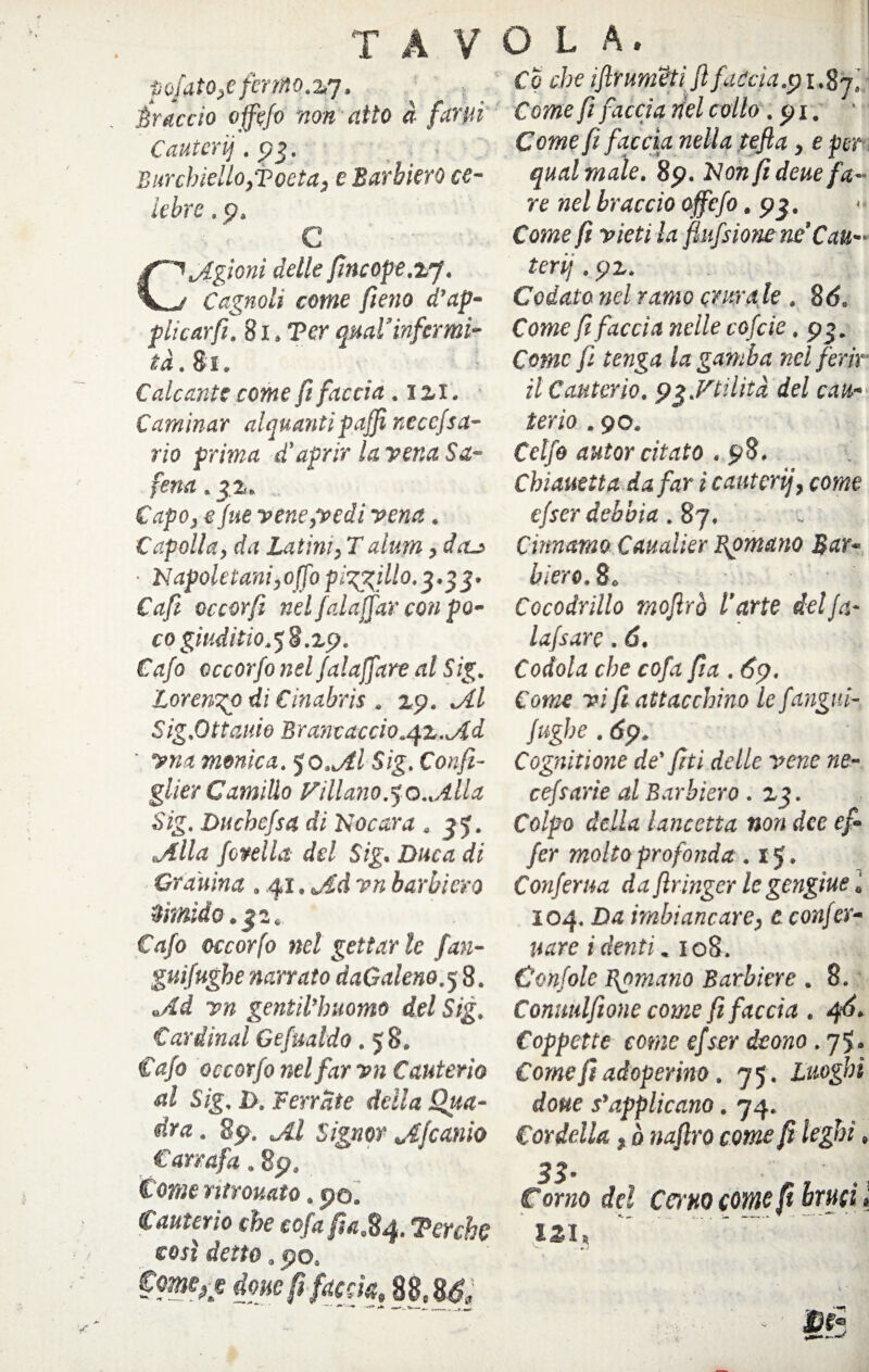 poktOft fermo.7/j, braccio offefo non atto à farai Cauterij. p?. . , Burchiello,Toeta, e Barbiere ce¬ lebre .p, C ' - - Cagioni delle fincope.zj. Cagnoli come fieno d’ap- plicarft. 81. Ter quaVinfermi¬ tà. Si. Calcante come fi faccia. i zi. Laminar alquanti puffi necefsa- rio prima d’aprir la vena Sa- fena. 32. „ Capo, e Jue vene,vedi vena. Capoila, da Latini, Talum, d<u ■ Napoletani,offo pigffillo. 3.73. Cafi occorfi nel falajfar con po¬ co ginditio.58.ze>. Caffi cccorfo nel (alaffiare al Sig. lorengo di Cinabris . zp. ÀI Sig.Ottauio Beane accio.qz. Ad ’ vna monica. 50.Al Sig. Confii- glier Camillo Fili ano.50. All a Sig. Dii chef sa di Nocara . 35. Alla [creila del Sig. Duca di Gradina . 41 .Ad vn barbieri) timido. 32. Caffi cccorfo nel gettar le fan- guifughe narrato daG aleno.58. Ad vn gentiluomo del Sig. Cardinal Gefualdo. 58. Caffi occorffi nel far vn Cauterio al Sig, D. Ferrate della Qua¬ dra . 89. Al Signor Affiamo Canapa .8p. Come ritrovato. po. Cauterio che eofafìa.84. Ter eh eosì detto , po, €me>j dmfifacck, 88t8& Co che ifirumeti Jlfaccia.p 1,8jl Come fi faccia nel collo .pi. Come fi faccia nella tefta, e per- qual male. 8p. Non fi deue fa¬ re nel braccio offefo. pj. Come fi vieti la flufsione ne’Cau¬ teri] . pz. Codato nel ramo crura le . 86. Come fi faccia nelle cofcie. 93. Come fi tenga la gamba nel ferir il Cauterio. p^.Vtilità del cau¬ terio . 90. Celffi autor citato . 98. Chiavetta da far i cauterij} come tfser debbia . 87, Cinnetmo Caualier Romano Bar¬ biere.8. Cocodrillo mofìrò l’arte del fa- lafsare. 6. Codola che cofa fia . 6p. Come vi fi attacchino le fangui- ffighe . 6p. Cognitione de' fi ti delle vene ne- cefsarie al Barbieri). zj. Colpo della lancetta non dee ef- ffir molto profonda . 1$. Conferva da ftringer le gengive „ 104. Da imbiancare, e confer- uare i denti. 108. Conffile Romano Barbiere . 8. Conuulfione come fi faccia . 46. Coppette come efser deano .jffi Come fi adoperino. 75. Luoghi dotte s’applicano. 74. Cordella % ò naflro come fi leghi » Corno del Cerno come fi brusi , 121,  . m © LÀ