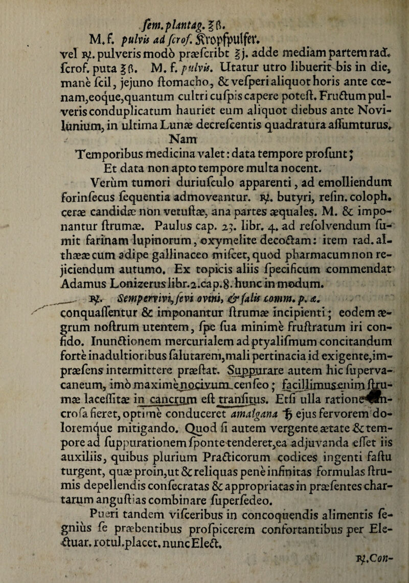 fem.pUntag. IA. M.f. pulvis ad fero/. j?V0pfpUlfh** vel ly. pulveris modo prte/cribt |j. adde mediam partem ra& ferof. puta |fl. M. f. pulvis. Utatur utro libuerhsbis in die, mane fcil, jejuno ftomacho, & vefperialiquot horis ante cce- nam,eoque,quantum cultri cufpis capere poteft. Frudum pul¬ veris conduplicatum hauriet eum aliquot diebus ante Novi- lunium, in ultima Lunae decrefcentis quadratura afTumturus* Nam Temporibus medicina valet: data tempore profunt J Et data non apto tempore multa nocent. Verum tumori duriufculo apparenti, ad emolliendum forin/ecus fequentia admoveantur. ty. butyri, refin. coloph. cerae candidae non vetuftae, ana partes aequales. M. & impo¬ nantur ftrumae. Paulus cap. zj. libr. 4. ad refolvendum fu- mit farinam lupinorum, oxymelite deco&am; item rad.al¬ thaeae cum adipe gallinaceo rnifcet, quod pharmacumnon re¬ jiciendum autumo* Ex topicis aliis fpecificiim commendat Adamus Lonizeruslibr.2.cap.8- hunc in modum. __3^. Semperyiv^fevi ovini, & falis tomm.p. a. conquaffentur & imponantur ftrumae incipienti; eodem ae¬ grum noftrum utentem, /pe fua minime fruftratum iri con¬ fido. Inunftionem mercurialem ad ptyalifmumconcitandum forte inadultioribus /alutarem,mali pertinacia id exigente,im- praefens intermittere praeftat. Suppurare autem hic /iiperva- caneum, imo maxime ncjjcmmx.cenfeo; farillimusenirri ftru¬ mae iaceflitae in cancrum eft traniitus. Etfi ulla ratione^Ri- crofa fieret, optime conduceret amatgana ejus fervorem do¬ loremque mitigando. Quod (i autem vergente aetate fk. tem¬ pore ad rup])urationemfponte tenderet,ea adjuvanda eflet iis auxiliis, quibus plurium Pra&icorum codices ingenti faftu turgent, quae prcin,ut& reliquas pene infinitas formulas ftru- mis depellendis con/ecratas &appropriatasin praefentes char¬ tarum anguftias combinare fiiper/edeo. Pueri tandem vi/ceribus in concoquendis alimentis le¬ gibus fe praebentibus profpicerem confortantibus per Els- ftuar. r otul .placet, nunc Eleft,