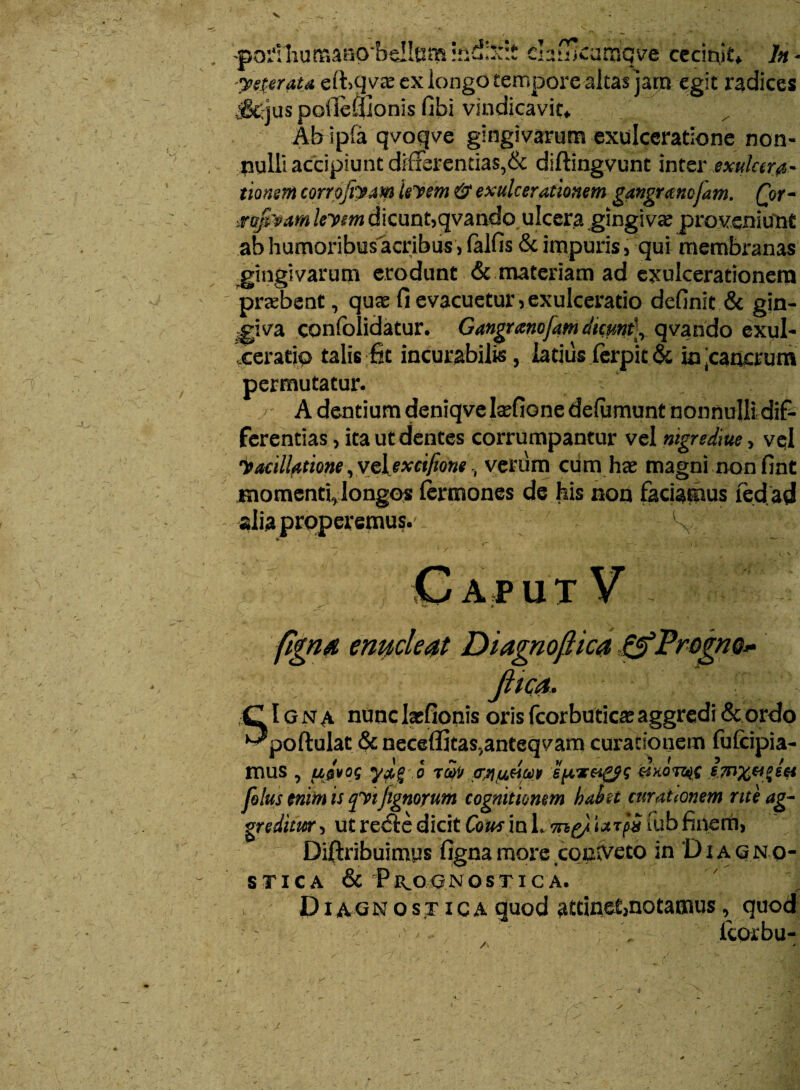 yeprata efcqvas ex longo tempore altas jam egit radices ^krjuspoileffionis fibi vindicavit* Aferipfa qvoqve gingivarum exulceratione non- pulli accipiunt differentias,& diftingvunt inter exulcera¬ tionem corrojtyam leyem & exulcerationem gangranc/am. Qor- ra/fpam leym dicunt,qvando ulcera gingiva proveniunt ab humoribus acribus, falfis & impuris, qui membranas gingivarum erodunt & materiam ad exulcerationem probent, quas fi evacuetur,exulceratio definit & gin¬ giva confolidatur. Gangranofamduun^ qvando exui- leeratio talis fit incurabilis, latius ferpit& injcanaum permutatur. -A dentium deniqve lasfione defumunt nonnulli dif¬ ferentias , ita ut dentes corrumpantur vel mgrsdiue, vejl yacilUtione, vclexcifioneverum cum has magni non fint momenti^ longos fermones de his non faciamus fed ad alia properemus.^ \ Caput V figna enucleat Diagnoftica CfProgno* jlica. SIgna nunclarfionis orisfcorburica:aggredi Scordo portulae & neceflitas,anteqvam curationem fufeipia- * / I t ^ / V , 1 i 5 / mus , u,0vog ypj o rvl/ <rntuuM epveigfg &kotw s.?n%ti££6* folus enim is tpnJignorum cognitionem habet atrateonem rite ag¬ greditur , utre6tedicitCo^inLmg/izrpSfubfinem, Diftribuimus figna more coniveto in D i a g n o¬ sti C A & Pr^OGNOSTI C A. Diagnostica quod attinet,notamus, quod icorbu-