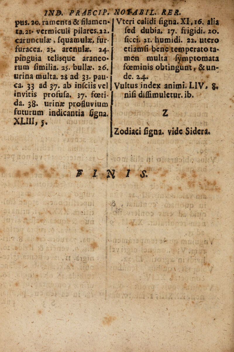 pus. 20. ramenta & filamen* ta.2i« vermiculi pilares.aa. carunculae, fquamulx* fur- furacea., 23. arenulx. 24. pinguia telisque araneo* rum fitnilia. 25. bullae. 26. lirina multa. 2$ ad 3;. pau¬ ca. 33 ad 37. ab infciis vel invitis profufa. 37. foeti¬ da. 38. urina; profluvium futurum indicantia fena. XJLIII, y. P ■ - i'' ** ' •. ' t Vteri calidi figna.XI.ie. alia fed dubia* 17. frigidi. 20. ficci. 21. humidi. 22. utero etiamfi bene tem perato ta* trten multa fymptomata foeminis obtingunt* & un¬ de. 14. Vultus index animi- LIV* §. nili diflimuletur. ib. Z Zodiaci ligna, vide Sidera* fi n 1 & A v 1 j