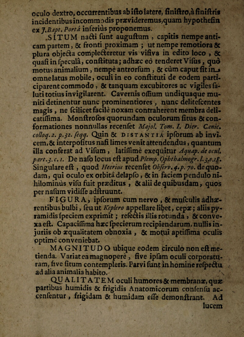 oculo dextro, occurrentibus ab illo lateri, finiftro,afmiftri* incidentibus incommodis praevideremus,quam hypothefin ex J.Bapt. Porta inferius proponemus. SITUM na&i funt auguftum , capitis nempe anti¬ cam partem, 8c fronti proximam ; ut nempe remotiora 8c plura obje&a complefteretur vis vifiva in edito loco , 8c quafi infpecula, conftituta; adhaec eo tenderet Vifus h quo motus animalium, nempe antrorfum , & cum caput fit in-i omne latus mobile, oculi in eo conftituti de eodem parti¬ ciparent commodo , 8c tanquam excubitores ac vigiles fa- luti totius invigilarent. Cavernis ollium undiquaque mu¬ niti detinentur nunc prominentiores , nunc delitefcentes magis , ne fcilicet facile noxam contraherent membra deli- catiflima. Monftrofos quorundam oculorum fitus 8c con¬ formationes nonnullas recenfet Majol. Tom, I. Dier. Cante. colloq.2.p.32. feqq. Quin & distantia ipforum ab invi¬ cem, 8t interpofitus nafi limes venit attendendus, quantum illa conferat ad Vifum, iatiflime exequitur Aquap, de ocuh part.3, c. z. De nafo locus eft apud Plemp. Qphthalmogr. L3.0,1$. Singulare eft , quod Heerius recenfet Obferv.q.p. 70. de quo¬ dam, qui oculo ex orbita delapfo, &in faciem pendulo ni¬ hilominus vifufuit praeditus , & alii de quibusdam, quos per nafum vidiffe adftruunt. FIGURA, ipforum cum nervo , & mufculis adhae¬ rentibus bulbi, feuut Keplero appellare libet, cepae; aliis py¬ ramidis fpeciem exprimit; refeftis illis rotunda , 8c conve¬ xa eft. Capaciilima haec fpecierum recipiendarum, nullis in¬ juriis ob aequalitatem obnoxia , & motui aptiflima oculis optime conveniebat. MAGNITUDO ubique eodem circulo non eft me¬ tienda. Variat ea magnopere , five ipfam oculi corporatu¬ ram, five (itum contempleris. Parvi funt in homine refpedu ad alia animalia habito. QU ALI T A T E M oculi humores & membranae, quae partibus humidis & frigidis Anatomicorum confenfu ac- cenfentur, frigidam & humidam effe demonftrant. Ad lucem