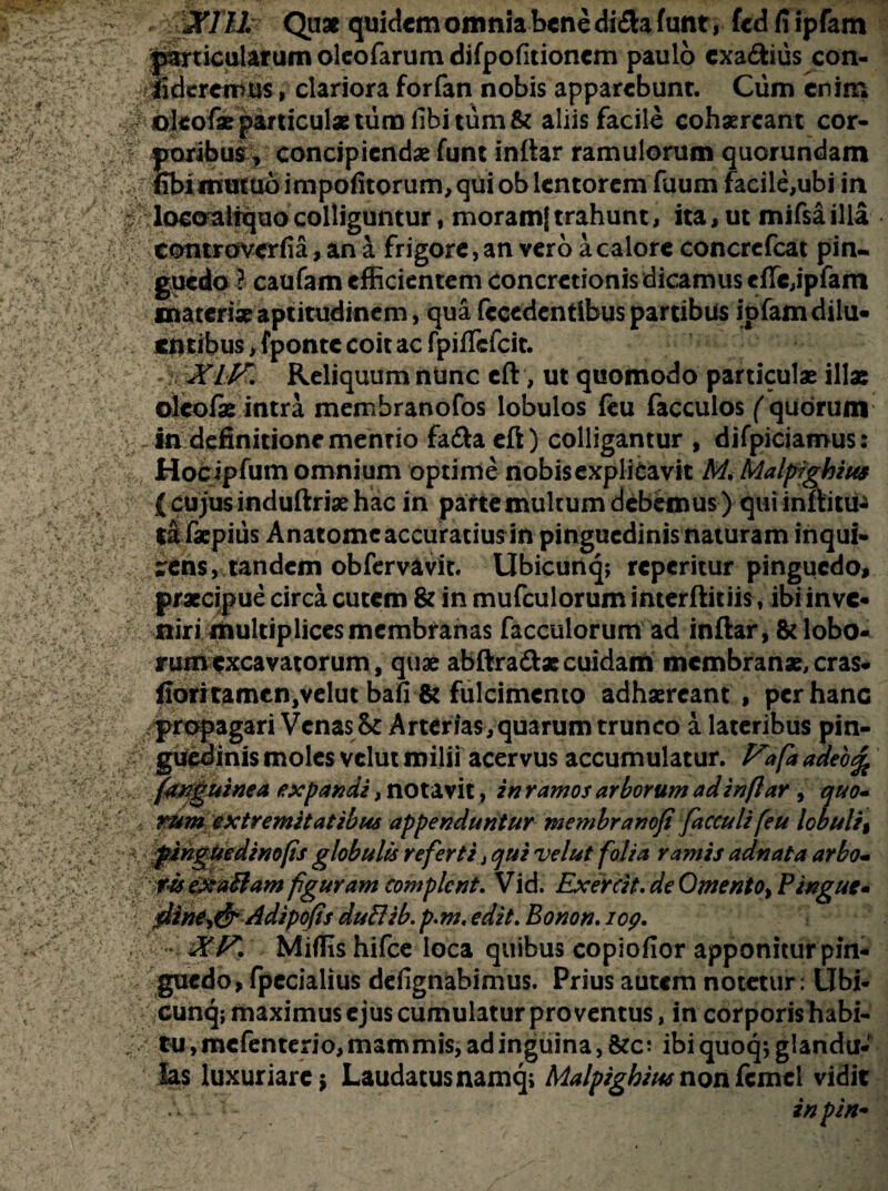 • gXTll Qu* quidem omnia bene di£tafunt, ted fi ipfam 'jwticulatumolcofarumdifpofitioncm paulo exa&ius con¬ fideremus , clariora forfan nobis apparebunt. Cum enim ©feofae particulae tum fibi tum & aliis facile cohxrcant cor¬ poribus , concipiendae funt inftar ramulorum quorundam fibiinutub impolitorum, qui ob lentorem faum facile,ubi iri locaaliquocolliguntur, moramj trahunt, ita, ut mifsailla eontroverfia, an a frigore, an vero a calore concrefcat pin- guedo ? caufam efficientem concretionis dicamus c{Tc,ipfam materiae aptitudinem, qua fecedentibus partibus iofam dilu¬ entibus, fponte coit ac fpi^^ JCikE Reliquum nunc cft, ut quomodo particulae illae oleofae intra membranofos lobulos feu facculos ( quorum in definitione mentio fa£ta eft) colligantur , difpiciamus: HoCipfum omnium optime nobisexplicavit M. Malpighius { cujus induftriae hac in parte multum debemus) quiinftitu-a tafaepius Anatomc accuratius in pinguedinis naturam inqui¬ rens, tandem obfervavit. Ubicunq; reperitur pinguedo, praecipue circa cutem & in mufculorum interftitiis, ibi inve¬ niri multiplices membranas facculorum ad inftar, & lobo¬ rum excavatorum , quae abftra&ae cuidam membranae, cras- fiorrtamcn,velut bafi & fulcimento adhaereant, per hanc propagari Venas & Arterias, quarum trunco a lateribus pin¬ guedinis moles vclut milii acervus accumulatur, t^afa adeo% ftxfruinea expandi, notavit, in ramos arborum ad inftar , quo¬ rum extremitatibus appenduntur membranofi facculi feu lobuli % fingUedinofts globulis referti, qui velut folia ramis adnata arbo¬ ris eXattam figuram complent. Vid. Exercit.deOmeniOyPingue- Adipofis duffib. p.m, edit. Bonon. 109. * «¥P. Miffis hifce loca quibus copiofior apponitur pin¬ guedo, fpecialius defignabimus. Prius autem notetur: Ubi¬ cunq; maximus ejus cumulatur proventus, in corporishabi- tu, mefenterio, mammis, ad inguina, &c: ibi quoq; glandu- las luxuriare; Laudatusnamq; Malpighiusnonfcmel vidit .V>; - inpin-