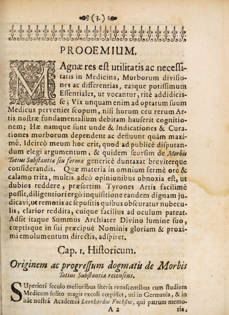 ^ (lO ^ PROOEMIUM. Agnsres ed utilitatis ac necefli- tatis in Medicina, Morborum divifio- nes ac differentias, easque potiffimum Effentiaies, ut vocantor, rite addidicis* fcj Vix unquam enim ad optatum fuum Medicus perveniet fcopum, nifi horiioi ceu rerum Ar¬ tis naftrae fundamentalium debitam hauferit cognitio¬ nem; namque funt unde & Indicationes & Cura- tioiies morborum dependent ac defluunt quam maxi¬ me* Idcirco meum hoc erit, quod ad publice difputaii- dum elegi argumentum, & quidem reorlim dt Morbis l&UHsSubjlmtia feu form^ geiierice duntaxat breviterquc confiderandis* materia in omnium ferme ore & calamo trita, multis adeo opinionibus obnoxia efl, ut dubios reddere, pr^iertim Tyrones Artis facilime poffifjdiligentioriergc) inquifitione eandem dignam ju¬ dicavi,uc remotis ac fepolitis quibus obfcuratur nubecu¬ lis, clarior reddita, cuique facilius ad oculum pateat* Adiit itaque Summus Archiater Divino lumine fuo, coeptisque in fui praecipue Nominis gloriam & proxi¬ mi emolumentum diredis, adfpiret» Gap, I. HiftoricLim, Originem ac progrejjum dogmatis de MorUs iottus SubflantU raenfens^ SUperiori feculo melioribus literis renafeentibus cum ftudium Medicum folico magis excoli coepiifict, uti in Germania, & in hac noftra Academia Lsonbardus Fuchfiusj qui patrum memo* A z ria»