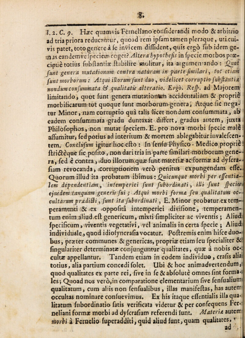 zd tria priora reducamur, quoad rem ipfam tamen pleraque, utixul- vis patet, totogenerei k invicem dilTident, quis ergo Tiib idem ge¬ mas e3ndemverpeciemcoget?-^/iter<2%po^^ej?j in fpecie morbos prae¬ cipue totius fubilantiseltahilire molitur, ita argumentando s ^Quoi funt genera mutationum contra naturam in farte jimilarij tot etiam funt morhorum: Atqui illorum funt duo, videlicet corruptio fuhjtdntiiz nondumcofijummata & .qualitatis alter atio, Engb, Rejp, ad .Majorem limitando^ quot funt generamutationiun accideotaliam ^ proprie morbificarum tot quoque funt morborum^genera^ /Atqusme nega¬ tur Minor, nam corruptio qoa talis licet nondum confummata ,.ab eadem confummata gradu duntaxat differt, gradus .autem, juxta. Philofopiios, non mutat fpeciem. E. pro nova morbi fpecie male: affumitur, fed potius ad interitum & mortem ablegabiturinvalefccn- • tem. Conclufum igiturrhoc efto : dn fenimPhyfico- Medico.proprie; ftrideque fic p^ofito, non dari tria irr pa^te firoilari fmorborum gene-- ra,Tfcd e contra, cduo iliorum,quae funt matefise acfformas ad dyfera-- iiam revocanda, fCortqptionem vero tpenitus expungendam effe.. Quorumilliid ita probatum dbimus \ Quicunque morhi fer ejfentia*- lem dependentlam,.^ 'intemperiei funt fuhbrdinati y illi funt Jpeciesr. ejusdemitanquam^gencris fui j . Atqui morhi forma feu qualitatum oc— cultarum pradiBi y funt ita fulordinati^y E.Minor.probaturextem¬ peramenti r& «ex coppofica intemperiei tdivifione, «temperamen¬ tum ehim aliud.eft.genericum, mixti fimpliciter ac viventis; Aliudj fpecificum, viventis vegetati vi, vel animalis incerta fpecic ; Aliud individuale,qaod idiofyncrafiavocatur. sPoftremisenim hifceduo- bus, praeter communes &gcnericas, propria etiam feu fpecialiter dC' fingulariter determinatae conjunguntur qualitates, quae a nobis oc*;: cultae appellantur, 'Tandem etiam in eodem individuo, crafis aliai totius, alia partium concedi folet. Ubi & hoc animadvertendum ,1 quod qualitates ex parte rei, five in fe&abfolute omnes fint forma-i les*, Quoad nos vero,in comparatione elementarium five fenfualiunT qualitatum, cum aliis non fenfualibus, illas manifeflas, has autem occultas nominare confuevimus. Ex his itaque eflentialis illa qua¬ litatum fubordinatio fatis verificata videtur & per confequens Fer- neliani formae morbi ad dyferafiam referendi lunt. Materia autem a Fcrneliofuperadditii quid aliud funt, quam qualitates»’*
