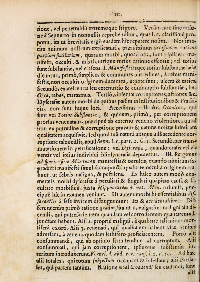 rione, vel penetrabili estrcraoque frigore. Verum non fine ratio nel Sennerto in nonnullis reprehenditur, quas L c, ciari/linie pro¬ ponit , ita ut brevitatis ergo easdem hic repetere nolim. Nos inre- rim animum noftrom explicaturi» prasmittimus rathne- partiumfmiParium ^ quarum morbi, quoad nos, funttriplices: ma- nifefti, occulti, & mixti; utrlque rurfus ratione effentiae^ vel totius funt fubftantiae, vcl crafeos* hManifcfil itaque totius fubftantix dicuntur, primo,(tmplices & communes putredines, a rebus mani- feftis,non occultis originem ducentes, utpote funt ^ ulcera & caries.* Secundo, exarefeentia (eu extenuatio & confumptio fubRantiae, he- '^ica, tabes, marasmus. Tertio,violentae corruptiones,uftioiies Dyfcra(i« autem morbi de quibus paffim inlniticutionibusSt Pradi- cis, non funt hujus loci. Accedimus : H. Ad Occulto^Sy quf fum vel Totius Suhfiantia , & quidem, primo, per corruptionem^ prorfus venenatam, praecipue ab externo veneno violentiore, quodi non ex putredine & corruptione pravam & naturae noftrae inimicam qualitatem acquifivit, fed quod fua natura absque uHlaccedente cor¬ ruptione tale exiftit, apud Se/zw./. c^part, 2, C. r. Secundo,per trans» mutationem in petrificatione : vel Dyfcrafm , quando crafis vel vi¬ ventis vel ipfius individui idiofyncrafia depravatur, III. Pergimus* ad jpurios jive Mixtos tx maniteftis& occultis, quando nimirum fu- pradidi manifefti fimul a conjuncta qualitate occulta originem tra¬ hunt, ut febris maligna, & peftilens. Ex hl(ce autem modo enu¬ meratis morbi dyfcra(i« a peculiari & ftngulari quapiam caufa & fa¬ cultate morbibea, juxta Hippocratem d. vet. Med, oriundi, cipue hic in examen veniunt. Ut autem morbi hi elfentiaiibus difr- ferentiis z fefe invicem diftinguuntur: Ira Si acci dentalibus, Dif¬ ferunt enim primo ratione gradusyiiz ut i, vulgariter maligni alii di¬ cendi , qui putrefacientem quandam vel corrodentem qualitatem ad- iun(5i:am habent. Alii 2, proprie maligni, a qualitate tali minus mor¬ tifera exorti. Alii 3. venenati, qui qualftatem habent vita* penitus ; adverfam, i veneno quodam lethifero proficiscentenu Porro alir i confummandi, qui ab optimo (latu tendunt ad corruptum. Alii confummati, qui jam corruptionem , ipfiusque fubflanti^ in- ■ teritum introduxerunt,Fer^e/. d. ahd. rer. caufj. 2. c. 10, Ad hasc alii totales, qiiitotumoccupant & infeftant; alii Partia¬ les 1 qui partem tantum» Ratione ntodi invadendi feu caufandi, funt alii