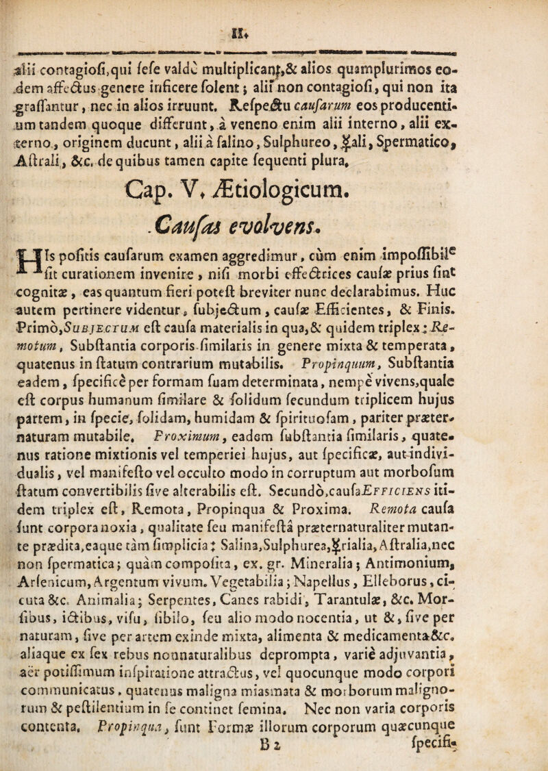 ;slii contagiofi,qiii /efe valdC multipiican|>& alios qusmplurimos eo- .dem afFedus genere inficere folenr j alif non contagiofi, qui non ita graflantur, nec in alios irruunt. Refpej&u caufarum eos pro ducenti¬ um tandem quoque differunt,! veneno enim aiii interno, alii ex¬ sterno., originem ducunt, alii a falino, Sulphureo, ^ali, Spermatico^ Aftrali,, Scc, de quibus tamen capite fequenti plura, Cap. V* i^tiologtcura. .Caufai evolvens^ Is poficis caufarum examen aggredimur, cum enim impoflibil® ^ •*iic curationem invenire > nifi morbi efFed:rices caufa? prius fint cognitae, eas quantum fieri poteft breviter nunc declarabimus. Huc autem pertinere videntur, fubjfr(9:um , caufae Efficientes, & Finis. ^nmbiSuBjE.cruM eft caufa materialis in qu3,&: quidem triplex.: ile- motum, Subftantia corporis.fimilatis in genere mixta & temperata, quatenus in flatum contrarium mutabilis. Propinquum, Subftantia eadem, fpecifice per formam fuam determinata, nempe vivens,qualc cft corpus humanum fimilare & folidum fecundum triplicem hujus partem, in fpecie, folidam, humidam & fpiritiiofam, pariter praeter^ naturam mutabile. Proximum, eadem fubftanda fimilaris, quate¬ nus ratione mixtionis vel temperiei hujus, aut fpecifica?, aut indivi- dualis, vel manifefto vel occulto modo in corruptum aut morbofum ftatum convertibilis five alrerabilis eft. Secundo,caufa£FF/cf£Ns iti¬ dem triplex eft. Remota, Propinqua & Proxima. Remota C2iul^ iunt corpora noxia, qualitate feu manifefta prastcrnaturaliter mutan¬ te praedita,eaqiie tam (impliciat Sa!in3,Sulphure3,^rialia,Aftralia,ncc non fpermatica; quamcompofita, ex. gr. Mineralia} Antimonium, Arfenicum, Argentum vivum. Vegetabilia; Napeilus, Elleborus, ci¬ cuta Scc. Animalia; Serpentes, Canes rabidi, Tarantulae, SiCt Mor- fibus, idibus, vifu, fibilo, feu alio modo nocentia, ut &,fiveper naturam, five per artem exinde mixta, alimenta & medicamentar&c, aliaquc ex fex rebus noanaturalibus deprompta, varie adjuvantia, aer potiffimum infpiratione attrajc!ilus, vel quocunque modo corpori communicatus, quatenus maligna miasmata & morborum maligno¬ rum $c peftiientium in fe continet femina. Nec non varia corporis contenta. Propinqua^ funt Foimse illorum corporum qusecunque B z fpecifi»