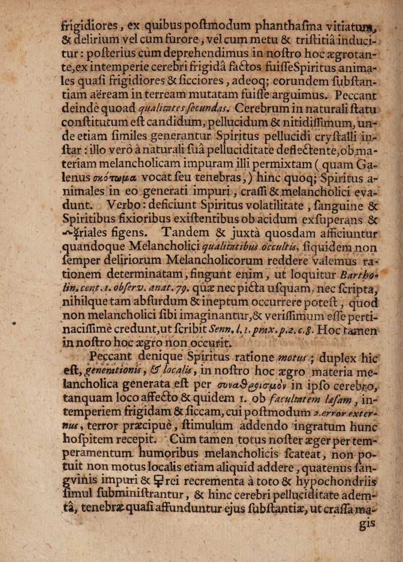 frigidiores, ex quibus poftmodum phanthafma vitiatur^ St delirium vel cum furore, vel cum metu & triftitia induci¬ tur : pofterius cum deprehendimus in itoftro hocxgrotan- te,ex intemperie cerebri frigida faftos fuiffeSpiritus anima¬ les quali frigidiores St ficciores, adeoq; eorundem fubftan- tiam aeream in terream mutatam fuifle arguimus. Peccant deinde quoad qualitates fecundas. Cerebrum in naturali ftatu conftitutum eft candidum, pellucidum St nitidiffimum, un¬ de etiam fimiles generantur Spiritus pellucidi cryftalli jn- ftar: ilio vero a naturali faa pelluciditate defle£tente,ob;ma- teriam melancholicam impuram illi permixtam ( quam Ga¬ lenus m.QwyttOi' vocatfeu tenebras,) hinc quoqfSpiritus a- nimales in eo generati impuri, cralTi6cmelancholici eva¬ dunt. Verbo: deficiunt Spiritus volatilitate , fanguine St Spiritibus fixioribus exiftentibus ob acidum exfuperans St •^riales figens. Tandem St juxta quosdam afficiuntur quandoque Melancholici qualitatibus occultis, liquidem non femper deliriorum Melancholicorum reddere valemus ra¬ tionem determinatam,fingunt enim, ut loquitur Bartho- lina cent, i. obferv, attat. 79. qux nec pitta ufquam, nec fcripta, nihilque tam ablhrdum St ineptum occurrere poteil, quod non melancholici libi imaginantur,St veriffimum eife perti- nacifiime credunt,ut fcribit Senn. l.i.pmx.p.2. c,g. Hoc tamen in noftro hoc aegro nomoccitit. Peccant denique Spiritus ratione metus ; duplex hic eft,generationis, &localk fmnoftxo hoc xgro materia me¬ lancholica generataeft per ovvd&^to^ov in ipfo cerebro, tanquam loco affe&oSt quidem 1. ob facultatem Ufam, in- temperiem frigidam St ftccam, cui poftmo dum p.error exter¬ nus, terror prateipui, ftimulum addendo ingratum hunc hofpitem recepit. Cum tamen totus nofter aeger per tem¬ peramentum humoribus melancholicis fcateat, non po¬ tuit non motus localis etiam aliquid addere, quatenus fan- gvinis impuri & *j?rei recrementa a toto St hypochondriis fimul fubminiftrantur, St hinc cerebri pelluciditate adem¬ ta, tenebrae-quafi affunduntur ejus fabilanti^utcralTa ma-