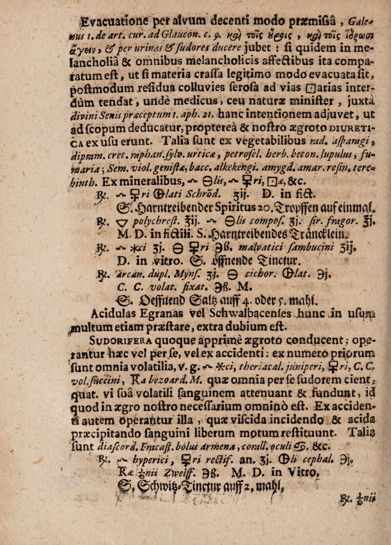 Evacuatione per alvum decent! modo prasmifsa , Gak* mus i.deart. cur.adGlaucon. c, g. s(g) tsTj SgyiQ , ^rdtq 7^0.0* Sy&iv > & per urinas &fu dor es ducere jubet : fi quidem in me¬ lancholia 8c omnibus melancholicis afieftibus ita.compa- fatumeft, ut fi materia craffa legitimo modo evacuata fit, poftmoHum refidua colluvies ferofa ad vias Qarias inter¬ dum tendat , unde medicus V ceu naturas minifter , juxta divini Senispraceptumu aph. 21. hanc intentionem adjuvet, ut adfcopum deducatur, propterea & nofhrb aegroto diureti¬ ca ex ufu erunt. Talia fu at ex vegetabilibus mch aftaragi, dipmm. crU\ mphan.jylv. urtica, petrofeL herb. beton Jugulus, fu- maria \ Sem. viol.genifta, bacc. alkekengu amygd* amar, refm* tere* hinth. Ex mineralibus, Qlis, ^ fgri, □*, 8cc. ' 1^. *jj! ri (Blati Scbrod. jif. D. in fi£t. v ^amtreibenbev Spiritus lo^wpffen mifdnmal fy. polychreft. fij. *y Qlis compof gf fir. fragor, J|* - M. D. infidik. S. ^arr^treibenDe^ ^rdnc^tcm.^ JJ*. ^ %jci $j. 0 9/7 QB. malpatici fambucini jij* p. in .vitro. effnenbe linetur* drean, dupL Mynf Q ciebor. (Blat, 9j. C. C. fixdt* M. €> 0efitfeni> Acidulas Egranas vel Schwalbacenfes hunc in ufum quitum etiam prasftare, extra dubium eit. Sudorifera quoque apprime aegroto conducent ; ope- fantur haec vel perfe, vel ex accidenti: ex nurnero priorum 'funt omnia volatilia, V. g. ^ %:ci, theriacah juniperi, $ rh C, C voLfuccmi, 'Kabezoard.M. quae omnia perfe fudorem ciente qfUat. vi fua volatili (anguinem attenuant & fundunt, id quod in aegro noftro neceffarium omnino eft. Ex acciden¬ ti autem Operahtur illa r quae vifeida incidendo & acida praecipitando fanguini liberum mptumreftituunt. Tali$ funt diafeori. Fntcaj}* bolus drrnena, corallio culi;gp. 6CC. CT byperici, %$ri reftif, an. jj. ccpbab Bjv %nii Zweijf. 9£. M« P- in Vi,tf0« ’ ’ . • ..