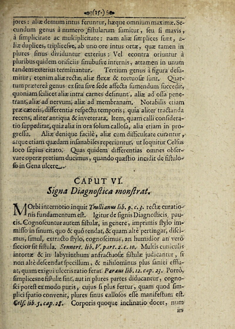 jores: aliae demum intus feruntur, haeque omnium maximae. Se¬ cundum genus a numero .fiftularum fumitur, feu fi mavis, a fimplicirate ac multiplicitate: nam alite fimpliees funt, a« iiae duplices, triplicefve, ab uno ore intus ortae, quae tamen in plures finus dividuntur exterius: Vel econtra oriuntur a pluribus quidem orificiis finubufve internis, attamen in unum tandemexterius terminantur.- Tertium genus a figura defii- mitur; etenim aliae redae, aliae flexae & tortuofie fimt. Quar- tumpraeferea genus exfitu ftve fede affeda fumendum fiiccedit, quoniam fcilicet aliae intra carnes delinunt: > aliae ad offa pene¬ trant, aliae ad nervum, aliae ad membranam,- Notabilis etiam prae caeteris?;differentia refpedu temporis j quia aliter tradanda recens, alitefantiqua & inveterata. Item, quam calli conlidera-' tio fuppeditat,quiaalia in ora folum callofa, alia etiam in pro- grefiu, Aliae denique facile, aliae cum difficultate curantur atque etiam quaedam infanabiles reperitintur, ut loquitur Celfus loco faepius citato. Quas quidem differentias omnes obfer» vare operae pretium ducimus , quando quaeflio incidit defiflulo- ib in Gena ulcere-».* CAPUT VI. Signa Diagnojiica monflrat',<• %/| Orbiinternotio inquit TmUianus lib.p. c.y. redae curatio^ f^nis fundamentum eft. Igitur dc {ignis Diagnofticis,. pau¬ cis. Gognofcuntur autem fiilulae, in genere, impriniis ftylo im- miffoin finum, quo & quo tendat, <3c quam alte pertingar, difci- mus, fimul,. extrado ftylo, cognofcimtis, an humidior an vero ficcior fit fiftula. Stnmrt. hb. V.part. 2. c. io9 Multis cuniculis intortae & in labyrinthum anfradluofae fiftulas judicantur, fl non alte defcendat fpecillum, & nihilominus plus faniei efflu¬ at, quam exigui ulceris ratio ferat Par&tu lib. 12. cap. 23* Porro, fimplicesnefiftuLx finf, aut in plures partes diducantur1, cogno- fci poteft ex modo puris, cujus fi plus fertur, quam quod fim- plici fpatio convenit, plures finus eallofos effe manifeftum eft« Qelf lib.jt cap. 2jV Corporis quoque inclinatio docet, num