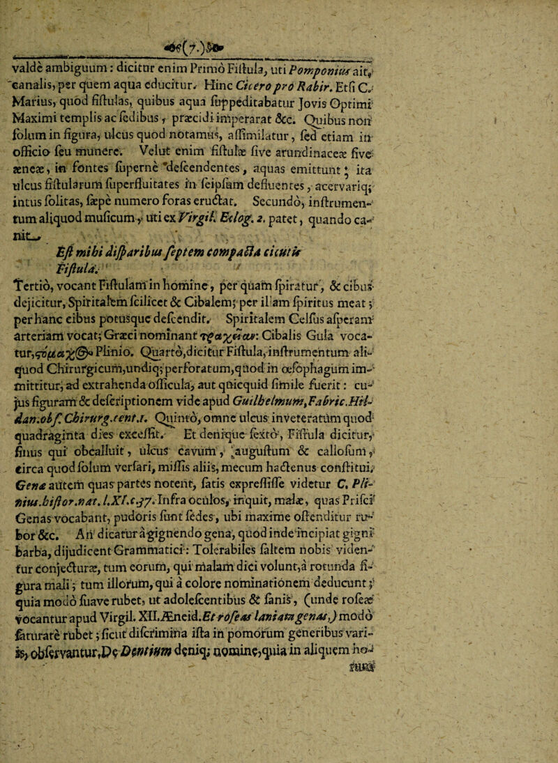d  • rltl* r lr V ' r. .m,, .. .-- - valde ambiguum: dicitur enim Primo Fiffula, uti Pomponius X\u 'canalis, per quem aqua educitur* Hinc Ciceropr&Rabir. Etfi C\ Marius, quod fiffulas, quibus aqua foppeditabatur Jovis Optimi’ Maximi templis ac ledibus f praecidi i irnperarat &c. Quibus noii folum in figura, ukus quod notamus afllmilatur, led etiam itv officia leu munerer Velut enim fiffulse live arundinacea; fiv& aeneae , in fontes fuperne delcendentes, aquas emittunt 5 ita ulcusfiftukrumfupcrfiuitates in feipfum defluentesacervariq; intus fblitas, fiepe numero foras erudiat. Secundo* inffrumen-1 tum aliquod muficumy uti ex Virgik Eclog. 2. patet, quando ca*; nit_, Eft mihi dijparibus feptem compacld cictitk FiflulaY' r Tertio, vocant Fiffulamin homine , per quarti Ipiratur, & cibus- dejicitur, Spiritalemfcilicet & Cibalem; per il’am fpiritus meat ; per hanc cibus potusque defeendit. Spiritalem Gdfus afpcram arteriam vocat; Graeci nominant rgct%uicur. Cibalis Gula voca^ turicp3(jtei%@* Plinio. Quarto,dicitur Fiffuk, infffumentum ali¬ quod Chirurgicuni,undiq5 perforatum,quod in oefophagiirn im¬ mittitur, ad extrahenda oflicula, aut quicquid fimile fuerit: cu~ jus figuram & deicriptioncm vide apud GuilbelmumtFabric.Hii- dan.oif, Chirurgjentj. Quinto, omne ulcus inveteratum quod quadraginta dies exce/Ht. Et denique fexto-', Fiffula dicitur,- finus qui obcalluit , ulcus cavurn, ^auguftum & caliolunl,; circa quod Iblum verfari, miliis aliis, mecum hadtenus conffituff Geme atftem quas partes notent, latis exprefliffe videtur C. Pii- tiius.biftor.natJ.Xf.cjy*Infra oculos, inquit, malae, quas Prifci Genas vocabant, pudoris luntfedes, ubi maxime offenditur bor &c. Aii' dicatur agignendo gena, quod indeincipiat gigni barba, dijudicent Grammatici: Tolerabiles lallem nobis viden¬ tur Conjedura;, tum eorum, qui rrtalartidici volunt,a rotunda fi¬ gura mali ; tum illoiuni, qui a colore nominationem deducunt f quia modo luave rubet, ut adolelcentibus & lanis', (unde roleae vocantur apud Virgil. XlI.J&ncid.Etrofeof laniata gen/ujmo&o feturate rubet; ficut dilcrimiria ifta in pomorum generibus vari- %obftmntur,PeQ wtivm deniq; ngminejquiain aliquem