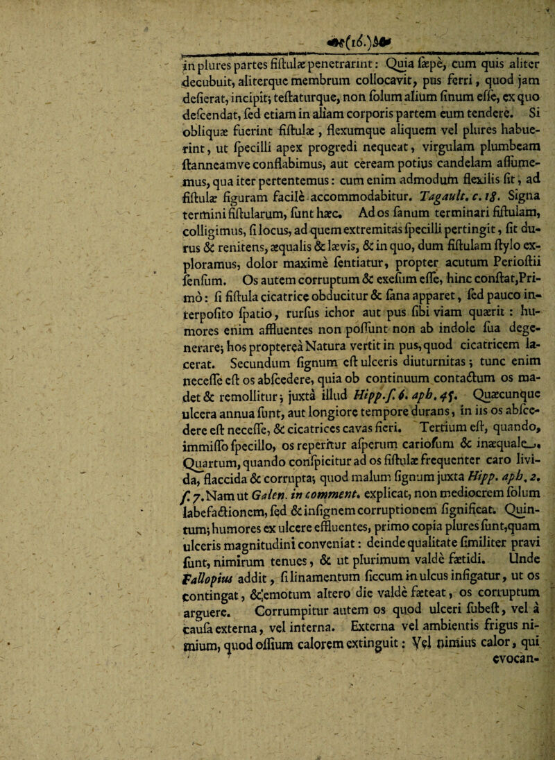 . -_ in plures partes fiftulaepenetrarint: Quia fiepe, cum quis aliter decubuit, aliterquc membrum collocavit, pus ferri, quod jam defierat, incipit; teftaturque, non folum alium finum effe, ex quo deicendat, fed etiam in aliam corporis partem eum tendere. Si obliquae fuerint fiftulae, flexumque aliquem vel plures habue¬ rint , ut fpecilli apex progredi nequeat, virgulam plumbeam ftanneamve conflabimus, aut ceream potius candelam aflume- mus, qua iter pertentemus: cum enim admodufn flexilis (it, ad fiftulae figuram facile accommodabitur. Tagault. c.ip, Signa termini fiftularum, funt haec. Ad os fanum terminari fiftuiam, colligimus, fi locus, ad quem extremitas fpecilli pertingit, (it du¬ rus & renitens, aequalis & laevis, & in quo, dum fiftulam flylo ex¬ ploramus, dolor maxime fentiatur, propter acutum Perioftii lenfom. Os autem corruptum & exefiim efle, hinc conflat,Pri¬ mo : (i fiflula cicatrice obducitur & (ana apparet, fed pauco in- terpofito fpatio, rurfus ichor aut pus fibi viam quaerit : hu¬ mores enim affluentes non pofliint non ab indole fua dege¬ nerare^ hos propterea Natura vertit in pus, quod cicatricem la¬ cerat. Secundum (ignum eft ulceris diuturnitas ; tunc enim necefle eft os abfcedere, quia ob continuum conta&um os ma¬ det & remollitur; juxta illud Hipp.f.6*apbt<tf. Quaecunquc ulcera annua funt, aut longiore tempore durans, in iis os abfce- dere eft necefle, Sc cicatrices cavas fieri. Tertium eft, quando, immiflbfpecillo, os repetitur afpcrum cariofum & inaequale^ Quartum, quando confpicitur ad os fiftulae frequenter caro livi¬ da, flaccida & corrupta* quod malum fignum juxta Hipp. apb, 2. f. 7. Nam ut Galen. in comment. explicat, non mediocrem folum labefadionem,fed &infignemcorruptionem fignificat; Quin¬ tum; humores ex ulcere effluentes, primo copia plures funt,quam ulceris magnitudini conveniat: deinde qualitate fimiliter pravi funt, nimirum tenues, & ut plurimum valde faetidi. Unde tallopim addit, fi linamentum ficcumm ulcus infigatur, ut os contingat , &]emotum altero die valde fxteat, os corruptum arguere. Corrumpitur autem os quod ulceri fflbeft, vei a caufa externa, vel interna. Externa vel ambientis frigus ni¬ mium, quodoflium calorem extinguit: YeJ nimiuS calor, qui '*■ cvocan-