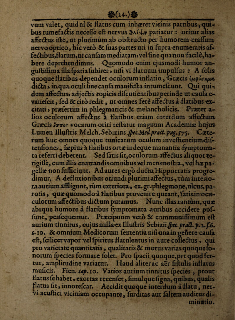 _jfE ,Vtfcl :^£:,;V ■ I '** — ■ ■■'—■■ ■ ■■■ ■■ ■ — ■ T 1 vutn valet, quid ni & flatus cum inhaeret vicinis partibus yqui¬ bus tumefa&is necefte eft nervus patiatur;: oritur alias affe&us ifte,ut plurimum ab obftru&o per humorem cralTum nervo optico, hic vero dc fuas partes uti in fupra enumeraris af- fe&ibus,flatum,ur caulam mediatam» vel ii ne quamon facile,ha* bere deprehendimus. Quomodo enim ejusmodi humor an- guftilEraa illafpatiafubirer > nili vi flatuum impulfus ? A folis quoque flatibus dependet oculorum inflatio, Graecis vcrnpa. di&a y iaqua.oculi hne caufa manifefta fntumefcunt. Qui quin dem affe&us, adjeftis topicis difcutientibus perinde uteaufa e- vanefcit, fed & cito redit, ut omnes fere affectus 1 flatibus ex¬ citati > praefertira in phlegmaticis & melancholicis. Praeter Sa¬ lios oculorum affe&us k flatibus etiam interdum affe&um Graecis faw vocatum oriri teftatur magnum Academiae hujus Lumen Illuftris Melch.Sebizins jpecMed.pracl.pag.>75. Caete- tum huc omnes quoque tunicarum oculum mveftientiumdif- tenfiones-, fopius k flatibus ortae indeque manantia fymptoma- ta referri deberent. Sed fatis ftt,oculorum affe&us aliquot te- tigifte, cum illis enarrandis omnibus vel mensnoftra , vel h^ pa¬ gellae non fufEciunt. Ad aures ergo dudtu Hippocratis progre¬ dimur. A defluxionibus oriundi plurimi affectus tum interio¬ ra aurium affligunt, tum exteriora , ex^gr.^phlegmone,ulcus, pa¬ rotis , quae quomodou flatibus provenire queant/fatisin ocu- culorumaffedtibus di(ffum putamus. Nunc illas tantum, quae absque humore a flatibus lymptamata auribus accidere pof. funt* perfequemur. Praecipuum vero Sc communiffimum eft aurium tinnitus, cujusnullaex Illuftris Sebizii fpec-praft.p.z.f6. c. 10. Somnium Medicorum fencentianifi una in geiVere caufa eft, fcilicetvapor vel fpiritus f latulentus in aure coiledtus , qui pro varietate quantitatis, qualitatisSc motus varias quoquero- notum fpecies formare folet. Pro (pacii quoque,perquod fer¬ tur, amplitudine variatur. Haud aliter ac aer fiftulis inflatus mulleis. Fien. cap. 10. Varios aurium tinnitus fpecies , prout flatus fe habet, exortas recenfet, iimulqu e figna, quibus, qualis flatus fit, innotefcat. Acciditquoque interdum a flatu, ner¬ vi acuftici viciniam occupante, fur ditas aut faltem auditus di- 1 ' minutio.