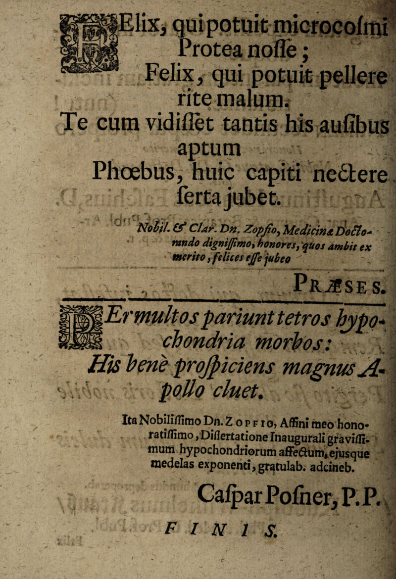 c*4 Protea nofle; Felix, qui potuit pellere rite malum. Te cum vidiflet tantis his aufibus aptum Phoebus, huic capiti nedlere & Clar. Dn. Zopfio, MedicmtDoflo- mndo dignij]imo% honores, quos ambit ex * merito, felices tjfe jubeo ^ s. «• Er multos pariunttetros hypo* chondria morbos: His bene projpiciens magnus polio cluet. ; • ' Ita Nobiliffimo Dn. Z o p f r o> Affini meo hono* ratiffimo, Diflertatione Inauguraligra villi- mum hypochondriorum affe&unuejusque medelas exponenti, gratulab. adcineb. Calpar Pofner,P.P. f i n i s.