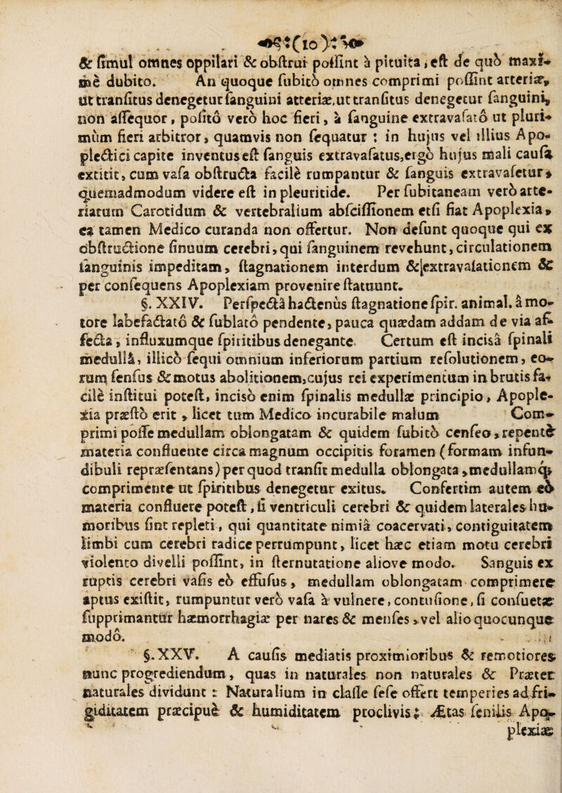 Sc Emul omnes oppilari &obftrui poffint h pituita ,eft de qub maxf* nae dubito» An quoque fubitb omnes comprimi poffint arteriar, ut tranfitus denegetur fanguini atteriae.ut tranfitus denegetur fanguini» non aftcquor, pofita vero hoc fieri, a fanguine extrava(ato ut pluri- miim fieri arbitror, quamvis non fcquatur : in hujus vel illius Apo- pledfcici capite inventuseft fanguis extravafatusjergb hujus mali caufi extitit» cum vafa obftrudba facile rumpantur & fanguis 6xtravafetur* quemadmodum videre eft in pleuritide. Per fubitaneam vero arte¬ riarum Carotidum & vertebralium abfciffionem etfi fiat Apoplexia» ea tamen Medico curanda non offertur» Non defunt quoque qui ex obflradione fimium cerebri,qui fanguinem revehunt,circulationem fanguinis impeditam» ftagnationem interdum &[extravalaticnem & per confequens Apoplexiam provenire ftatuunt* §. XXIV. Perfpedla hadlenus ftagnationefpir» animal, a mo~ tore labefadlato 8c fublato pendente, pauca quaedam addam de via fedla, infiuxumque fpiritibus denegante Certum eft incisa fpinali medulll, iliicb fequi omnium inferiorum partium refolutionem, co¬ ram fenfus- & motus abolitionem,cujus rei experimentum in brutis fa* die inftitui poteft» inciso enim fpinalis medullae principio» Apople¬ xia praefto erit » licet tum Medico incurabile malum Com¬ primi polle medullam oblongatam Bc quidem fubicb cenfeo»repenti materia confluente circa magnum occipitis foramen (formam infun¬ dibuli reprsefcntans) per quod tranfit medulla oblongata »mcdullamcp comprimente ut fpiritibus denegetur exitus* Confertim autem e& materia confluere poteft, fi ventriculi cerebri Bc quidem laterales hu¬ moribus fiet repleti, qui quantitate nimia coacervati, contiguitatem limbi cum cerebri radice perrumpunt, licet haec etiam motu cerebri violento divelli poffint, in fternutatione aiiove modo. Sanguis ex ruptis cerebri vafis eo effufus, medullam oblongatam comprimere aptus exiftit, rumpuntur vero vafa k vulnere, con tu (ione, fi confuetse fupprimancftr haemorrhagiae per nares & menfe$»vel alio quocunque modb. * v §.XXV. A caufis mediatis proximioribus & remotiores nunc progrediendum, quas in naturales non naturales Sc Praeter: naturales dividunt : Naturalium in clafle fefe ofl*rt temperies ad fri¬ giditatem praecipue & humiditatem proclivis; .ditas-fenilis Apqb* 'i' • i. - * ' ”l» ' *