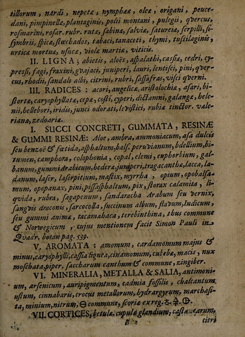 tillorum , nardi , nepeta, nymphas, olea , origani, peuce* dani,pimpinella,plantaginis, polii montani, pulegii, qtercus, rofmarini, rofar, rubr. ruta, frbina, falvia, fatur eia, ferpillfjtr Jymbrii,flica,floecbados, tabaci,tanaceti, thymi, tufiilagtms, urtica mortua, ufnea, loiola martia, viticis* II. LIGNA 3 abietis, aloes ,a$alathiycasfisi, cedri, cj* presjiy fagi, fraxini, glaajaci, juniperi, lauri, lentifci, pini, qlver* cus, rbodii,fandah albi, citrini, rubri, fajfafras, vifli qterni. III. RADICES : acori, angelica, afifl olochia, a far i, In¬ flor t a, caryophyllata, ccpa, cojli, cyperi, didamni,galanga, h e le¬ nii,bellebon, iridis,junci odorati,letiflici, rubia t indor. 'Vale¬ riana, zedoaria. __pivr n I. SUCCI CONCRETI, GUMMATA , RESIN/E & GUMMI RESINA:: Aloe, ambra, ammoniacum, afa dulcis feu benzoe (fl foetida,a(phaltum,balf. perutianum, bdellmm,bi- tamen, camphora , colophonia, copal, e/emi, euphorltum, gal¬ banum,,gummi Arabicum,hedera,Jjuniperi,mgacantha,lacca,la- danum, lafer, laferpitlum, maftix, myrrha , aptum, opobalfa¬ rnum, opopanax,pini,piffajphaltum,pix,ftorax calamita, It- avida, rubra, fagapemtm, fandaracha Arabum feu termx, fanetis draconis,farcocolla,fuccinum album, flatum,Indicum, feu gummi anima, tacamabaca,,terebinthina, thus commune & Nortvegictm , cujus mentionem facit Simon Pauli in~* fpyaclr. botan pag.<t39- , • rtf V. AROMATA : amomum, cardamomum majus o minus,caryophyllhcaffla lignea,cinamomum, cultba, macis, nux mofchata,piper, faccbarum canthum & commune,zingiber. V L MINERALIA, METALLA & SALI A, antimom- • um, arfenicum,auripigmentum, cadmia fotfdis , chalcantum. uftum, cinnabaris, crocus metallorum, bydrargyrim, rnarcbafl- ta minium,nitrum,Q commune,fleri* exreg.%. , 'VIJ. CORTICES, betula, cupula glandiuwi cajttutarum.