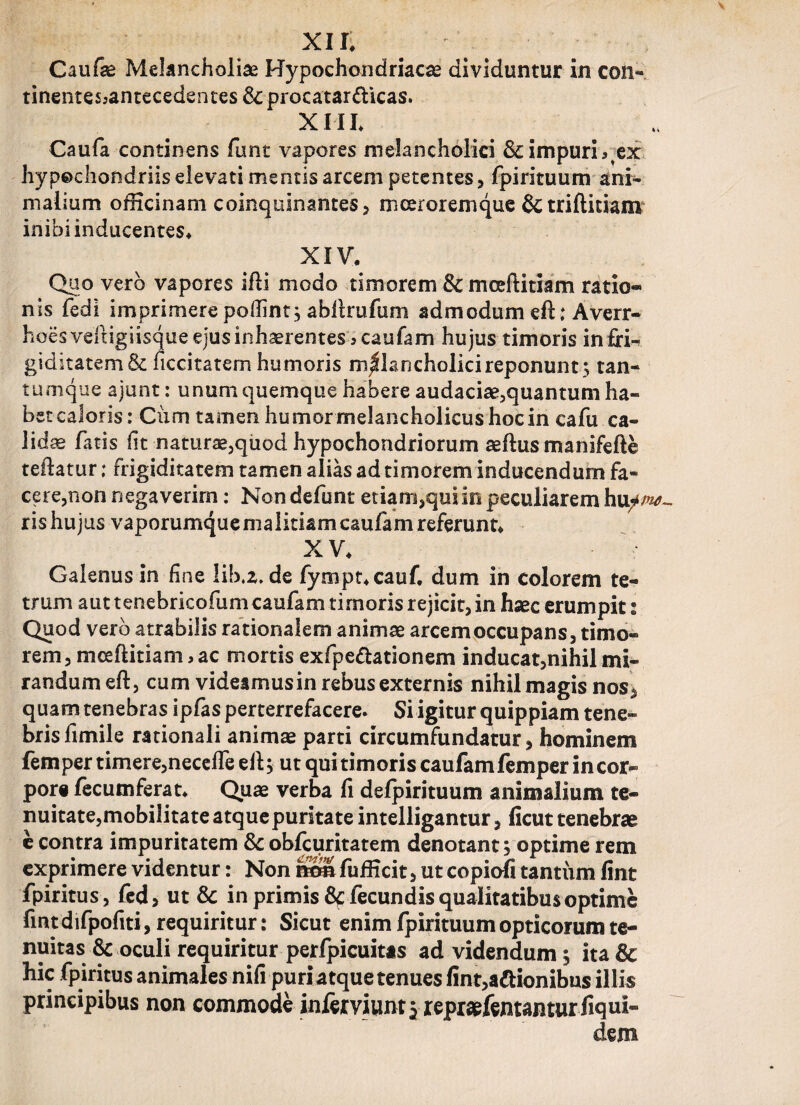 XII, Caufae Melancholiae Hypochondriacae dividuntur in con« tinentesjantecedentes 8c procatar&ica s. XIII* Caufa continens funt vapores melancholici &impuri^ex hypochondriis elevati mentis arcem petentes, fpirituum ani¬ malium officinam coinquinantes, meeroremque &triftitiam inibi inducentes* XIV. Quo vero vapores illi modo timorem Sc mceftitiam ratio¬ nis fedi imprimere poftint; abllrufum admodum eft: Averr- hoes veltigiisque ejus inhaerentes , caufam hujus timoris infria giditatem& ficcitatem humoris melancholici reponunt ; tan- tumque ajunt: unum quemque habere audaciae,quantum ha¬ bet caloris: Ciim tamen humor melancholicus hoc in cafu ca¬ lidae fatis f t naturae,quod hypochondriorum asilus manifefte teftatur; frigiditatem tamen alias ad timorem inducendum fa¬ cere,non negaverim : Nondefunt etiam,qui in peculiarem ris hujus vaporumque malitiam caufam referunt. X V. Galenus in line lib.z. de fympt.cauf. dum in colorem te- trum aut tenebricofum caufam timoris rejicit, in haec erumpit: Quod vero atrabilis rationalem animae arcem occupans, timo¬ rem, mceftitiam,ac mortis exfpe&ationem inducat,nihil mi¬ randum eft, cum videamusin rebus externis nihil magis nos, quam tenebras ipfas perterrefacere. Si igitur quippiam tene¬ bris fimile rationali animae parti circumfundatur, hominem femper timere,neceffe e 11; ut qui timoris caufam femper in cor¬ pore lecumferat. Quae verba li delpirituum animalium te¬ nuitate,mobilitate atque puritate intelligantur, licut tenebrae e contra impuritatem fk obfcuritatem denotant; optime rem exprimere videntur: Non noafufficit, ut copiofi tantum fint fpiritus, fed, ut 8c in primis fecundis qualitatibus optime fintdifpofiti, requiritur: Sicut enim fpirituum opticorum te¬ nuitas Sc oculi requiritur perfpicuitas ad videndum; ita& hic fpiritus animales nifi puri atque tenues fint,adlionibus illis principibus non commode inlemiint y repraefentanturfiqui-