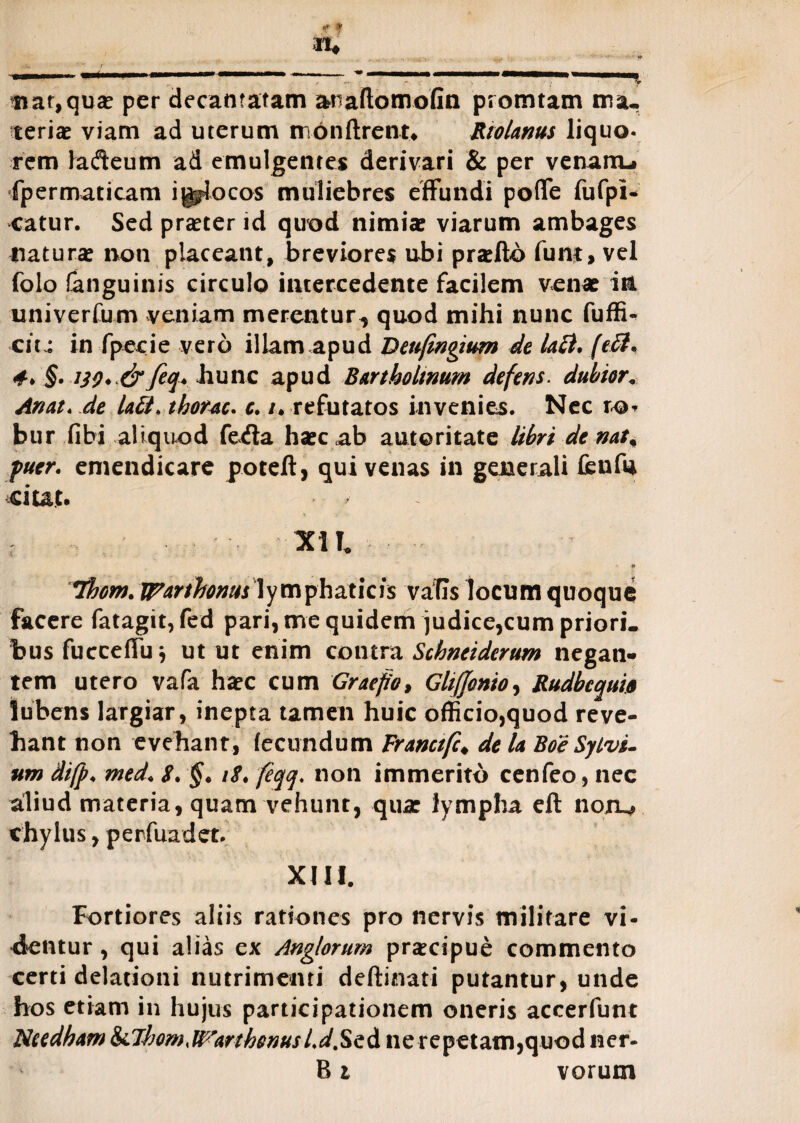 er V II* ,w- «f .-s* ■ “ / — -■- •*» «MNMflMMHMft nat, qua: per decantatam anaftomofin promtam tra. teriae viam ad uterum monftrent* Rtolams liquo¬ rem ladeum ad emulgentes derivari & per venam-i fpermaticam i^ocos muliebres effundi poffe fufpi- catur. Sed praeter id quod nimia? viarum ambages natura? non placeant9 breviores ubi pra?fto fum, vel folo fanguinis circulo intercedente facilem vena? in univerfum veniam merentur*, quod mihi nunc fuffi- cir: in fpecie vero illam apud Deufingium de Ucl, [e£l. 4* §• w* &fiq* hunc apud Bartholtnttm defens. dubior. An at. de la&.thor^c. c. /•refutatos invenies. Nec ro* bur fibi aliquod feda ha?c ab autoritate libri de nat. puer, emendicare poteft, qui venas in generali fenfu citat. XII, « 7bom. ipartfanus lymphaticis vatis locum quoque facere fatagit, fed pari, me quidem judice,cum priori, bus fucceffu j ut ut enim contra Schneiderum negan¬ tem utero vafa haec cum Graefio, diffamo, Rudbcquia 1 ubens largiar, inepta tamen huic officio,quod reve¬ hant non evehant, fecundum Franctfc* de U Boe Sylvi- um difp♦ med* $. §* /<?. feqq, non immerito cenfeo, nec aliud materia, quam vehunt, qua: lympha eft noru, chylus, perfuadet. XIII. Fortiores aliis rationes pro nervis militare vi¬ dentur , qui alias ex Anglorum praecipue commento certi delationi nutrimenti deftinati putantur, unde hos etiam in hujus participationem oneris accerfunt Ncedham &Jhom<WarthonusLd.Sed ne repetam,quod ner- B i vorum