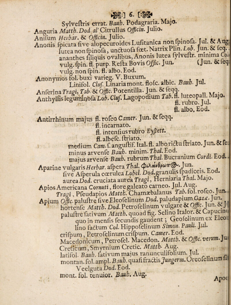 Sylveftris errat. Bauh. Podagraria. Majo. Anguria Mattfc. Dod. al’ Citr ullus 0#ci»2. Julio. Anifum Herbar. &c Officin. Julio. . a t ,» *, a «„ Anonis fpicata five alopecuroides Lufitaruca non lpinofa. Jul. & Aug. lutea non foinofa, un&uofa fbet. Natrix Plin. Lob. Jun.8. feq. ananthes ifliquis ovalibus, Anonis lutea fylveftr. minima Co. vulg. fpin. fl. purp. Refta Bovis Offa- Jun. (Jun. & ieq vulg. non fpin. fl. albo. Eod. Anonymos fol. buxi varieg.V. Buxum. Linifol. Cluf. Linariamont. flofc. albic. Battb. Jul. AnferinaTragi, Tab. & Offic. Potentilla. Jun. &c feqq. Anthylfis legumiqbfa Lob. Cluf. Lagopodium Tab. | luteopallMajo. fi. albo, Eod. Antirrhinum majus fi.rofeo Camer* Jun. Sc feqq. fl, incarnato, fl. in tenfius rubro Eyftett. fl.albefc.ftriato. medium Cam. f. anguftif. Ital. fl. albo ridu ftnato. Jun. 81 Pe: minus arvenfe Bauh- minim. Thal.^od. . , majus arvenie Bauh. rubrum Thal> Bucianium Cordi, o » Aparine vulgaris Herbar. afpera Thal. Jun. _ five Afperula coerulea Lobel. Dod.granulis fpadiceis. Eod. aurea Dod. cruciata aurek Tragi, Herniana Tbal. Majo. ApiosAmericana Cornuti, floregaleato carneo. Jul. Aug. Tragi, Pfeudapios Matth. Chamaebalanus Tab.tolrofeo. jun., Apium 0#c.paluitre fiveEleofelinum Dod.paludapiumGa^. J un. hortenfe Matth. Dod. Petro felinum vulgare & Offic.Jun. & j paluflre fativum Matth. quoad fig. Selino Italor. 8i Capucin' quo in menfis fecundis gaudent; Geolelinum ex Eleo, lino fadium Coi. Hippofelinum S inion. Puuli. Jul. crifpum, Petrofelinum crifpum. Cama. Eod. Macedonicum, Petrofel. Macedon. Matth. & Offic. vaum. Ju Creticum, Smyrnium Cretic. Matth- Aug. latifol. Bauh. fativum majus ranunculifolium. Tui. montan. fol. ampl. Bauh. quafifractisj«»gera. Oreofelinum fil Veelguta Dod. Eod. tnont. fol. tenuior. Bauh. Aug. (