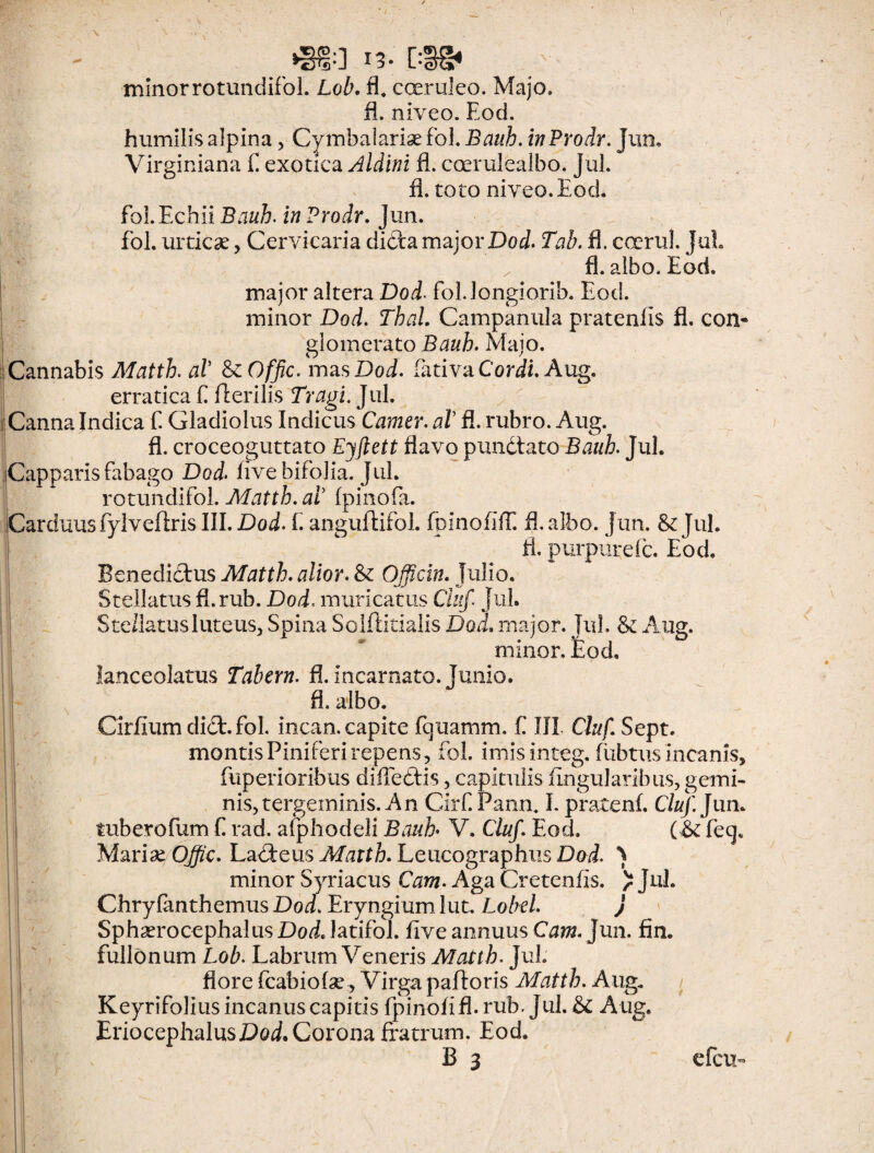 minor rotundifol. Lob. fl. cceruleo. Majo, fi. niveo. Eod. humilis alpina, Cymbalarise fol. Bauh. inProdr. Jun, Virginiana f exotica Aldini fi. ccerulealbo. Jul. fi. toto niveo. Eod. fol.Echii Bauh. in Prodr. jun. fol. urticae, Cervicaria di&a majorDod. Tab. fl. coerul. JuL fi. albo. Eod. major altera Dod, fol.Jongiorib. Eod. minor Dod. Thal. Campanula pratenlis fi. con¬ glomerato Bauh. Majo. Cannabis Matth. at &Offic. mas Dod. fativa Cordi. Aug. erratica f fierilis Tragi Jul. Canna Indica f. Gladiolus Indicus Camer. aV fl. rubro. Aug. fl. croceoguttato Eyftett flavo pundlato Bauh. Jul. Capparis fabago Dod. fivebifolia. Jul. rotundifol. Matth. at fpinofa. Carduus fylveflris III. Dod. f. anguflifol. fpinofiff. fl. albo. jun. & Jul. fl, purpurefc. Eod. Benedicius Matth. alior. & Officin. Julio. Stellatus fl.rub. Dod, muricatus Cluf. Jul. S te/latus luteus. Spina Solftitialis Dod. major. Jul. & Aug. minor. Eod, lanceolatus Tabem, fl. incarnato. Junio. fl. albo. Cirfium dici.fol. incan, capite fquamm. f IJL Cluf. Sept. montis Piniferi repens, fol. imisinteg. fubtus incanis, fuperioribus difledlis, capitulis lingularibus, gemi¬ nis, tergeminis. An GirfPann. I. pratenf. Cluf. Jun. tuberofum f rad. afphodeli Bauh V. Cluf. Eod. (& feq. MariaeOffic. LaCtem Matth. Leucographus ) minor Syriacus Cam. Aga Cretenfis. > Jul. Chryfanthemus Dod. Eryngium lut. Lobel. j Sphaerocephalus Dod. latifol. five annuus Cam. Jun. fin. fullonum Lob. Labrum Veneris Matth. Jul. flore fcabiofae, Virga pafloris Matth. Aug. Keyrifolius incanus capitis fpinofifl.rub, Jul. & Aug» EriocephalusDoi. Corona fratrum. Eod.