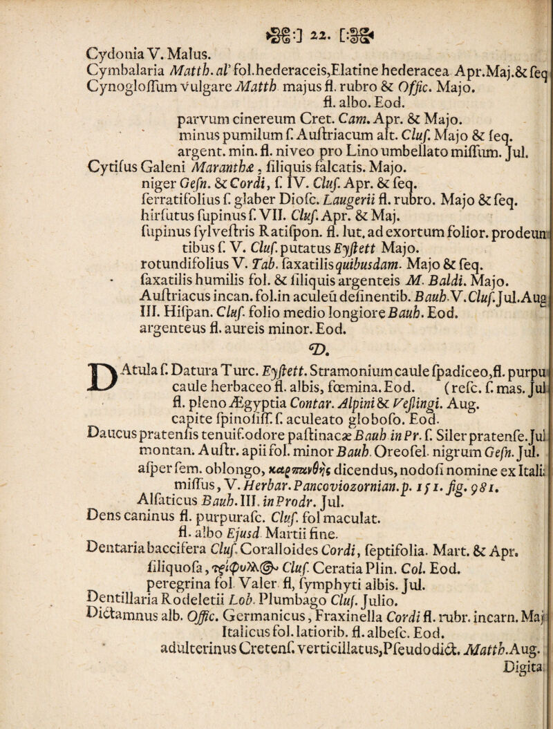Cydonia V. Malus. Cymbalaria Matth. ni’ fol.hederaceis,Elatine hederacea Apr.Maj.& feq Cynogloflum vulgare Matth majus fi. rubro & Offic. Majo. fl.albo.Eod. parvum cinereum Cret. Cam. Apr. & Majo, minus pumilum fi Auftriacum ait. Cluf. Majo & feq. argent. min. fl. niveo pro Lino umbellato mifTum. Jul Cytifus Galeni Maranth£. filiquis falcatis. Majo. niger Gefn. & Cordi, fi IV. Cluf. Apr. & feq. ferratifolius f glaber Diofc. Laugerii fl. rubro. Majo & feq. hir fu tus fupinus f. VII. Cluf. Apr. & Maj. fupinus fylveftris Ratifpon. fl. lut. ad exortum folior. prodeun tibusf. V. Cluf putatus Eyftett Majo, rotundifolius V. Tab. faxatilis quibusdam. Majo & feq. faxatilis humilis fol. & liliquis argenteis M. Baldi. Majo. Auflriacus incan. fol.in aculeudefinentib. Bauh-V.Cluf. Jul. Aug III. Hifpan. Cluf folio medio longiore Bauh. Eod. argenteus fl. aureis minor. Eod. GD. DAtula f. Datura T urc. Eyftett. Stramonium caule fpadiceo,fl. purpu caule herbaceo fl. albis, fcemina.Eod. (refc. f. mas. Juli fl. pleno Aigyptia Contar. Alpini & Vejlingi. Aug. capite fpinoliff.f. aculeato globofo. Eod. Dancuspratenns tenuif.odore paftinacxBauh inPr. f. Siler pratenfe.Jul; montan. Auftr. apii fol. minor Bauh. Oreofel nigrum Gefn. Jul. afj3er fem. oblongo, KctgTnwffjg dicendus, no do fi nomine ex Itali; miffus, V. Herbar.Pancoviozornian.p.ifi» fig. o8i. Alfaticus Bauh. III, inProdr. Jul. Dens caninus fl. purpurafc. Cluf fol maculat. fl. albo Ejusd Martii fine. Dentariabaccifera C/w/1 Coralloides Cordi, feptifolia. Mart. 8cApr. filiquofa,Tfl(p^@^ Cluf CerariaPlin. Coi. Eod. peregrina fol Valer fl, fymphyti albis. Jul. Dentillaria Rodeletii L ob. Plumbago Cluf. Julio. Didtamnus alb. Offic. Germanicus, Fraxinella Cordi fl. rubr. incarn. Maj Italicus fol. latiorib. fl. albefc. Eod. adulterinus Cretenf. verticillatus,Pfeudodi&. Matth. Aug. Digita;