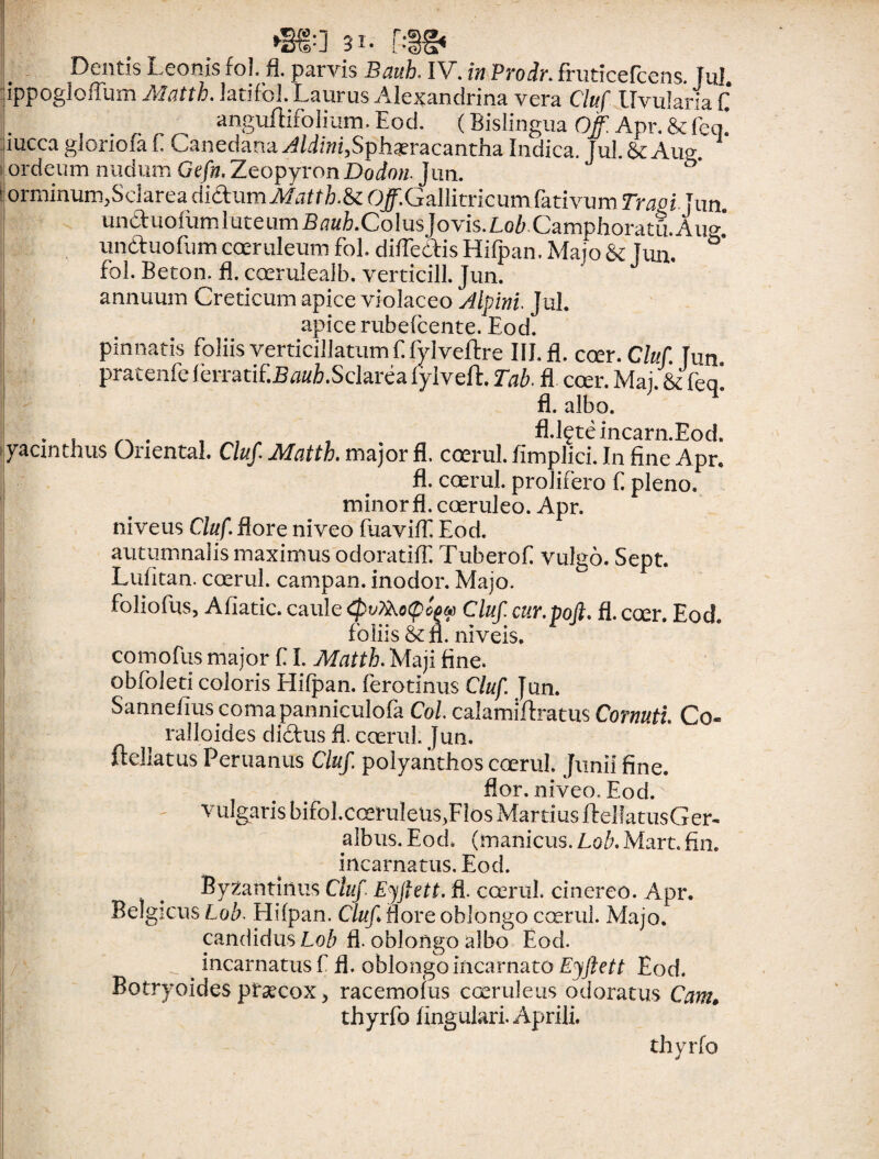 f:§g« Dentis Leonis fol. fl. parvis Bauh. IV. in Prodr. fruticefcens. Tui jippogloffum A. latifol.Laurus Alexandrina vera Cluf Uvulam C anguftifolium. Eod. (Bislingua Ojf Apr. & feq. lucca gloriola E Canedana^fW/»i,Sph«racantha Indica. Jul. & Aue. ordeum nudum Ge/». Zeopyron Dodon. Jun. 1 orminum, S elarea didum Matth.&z Off.GallkiicumfotivumTrapi jun. unauoiumluteumS^wi.ColusJovis.Loi.Camphoratu.Auo.8 unduofum coeruleum fol. difledis Hifpan. Majo & jun. fol. Beton. fi. coerulea!b. verticill. Jun. annuum Creticum apice violaceo Alpini Jul. apice rubefcente. Eod. pinnatis foliis verticillatum f fylveftre III. fl. coer. Cluf. Iun pratenfe ferratif.jSaai.Sclarea fylveft. Tab. fi ccer. Maj. & feq! fl. albo. . . . . , „ , fl.lfteincarn.Eod. yacmthus Onental. Cluf Matth. major fl. ccerul. fimplici. In fine Apr. fl. coerul. prolifero f pleno, minor fl. coeruleo. Apr. niveus Cluf flore niveo fuavifE Eod. autumnalis maximus odoratiff. Tuberof vulgo. Sept. Lufitan. ccerul. campan. inodor. Majo. foliofus, Afiatic. caule QvTkoCpom Cluf cur.pofi. fl. coer. Eod. foliis &fl. niveis. comofus major f I. Matth. Maji fine, obfoleti coloris Hifpan. ferotinus Cluf Jun. Sannefius comapanniculofa Coi calamiftratus Cornuti. Co« ralloides dictus fl. ccerul. Jun. ftellatus Peruanus Cluf polyanthos ccerul. Junii fine. flor, niveo. Eod.x i vulgaris bifol.cceruIeus.Flos Martius ftellatusGer- albus. Eod. (manicus. Lob. Mart. fin. incarnatus. Eod. . Byzantinus Cluf Ejftett. fi. ccerul. cinereo. Apr. Belgicus Lob. Hifpan. Cluf flore oblongo ccerul. Majo, candidus Lob fl. oblongo albo Eod. [/' _ . incarnatus f fl. oblongo incarnato Ejftett Eod, Botryoides ptsecox > racemofus cceruleus odoratus Cam, thyrfo lingulari. Aprili. thyrfo