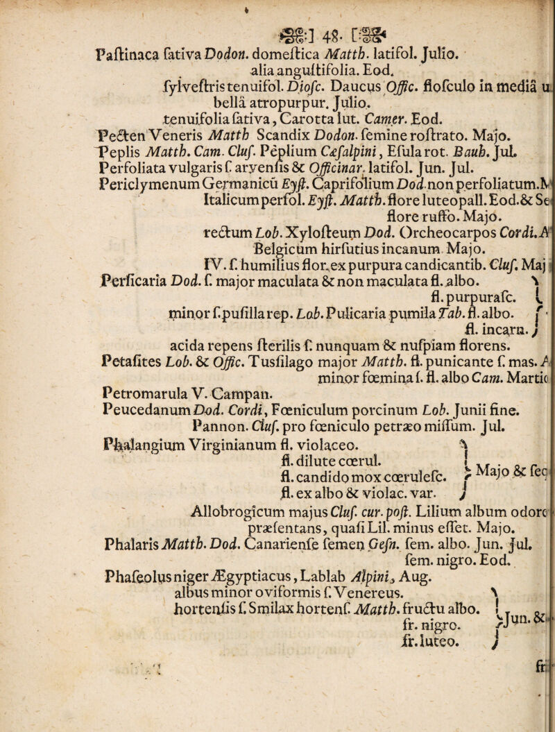 !:] 48- Faftinaca fativa Dodon. domeftica Matth. latifol. Julio. alia anguitifolia. Eod, fylveftris tenuifol. Diofc. Daucus Offic. flofculo in media u bella atropurpur, Julio, tenuifolia lativa, Carotta i ut. Comer. Eod. T?e<9:en Veneris Matth Scandix Dodon. femine roftrato. Majo. Teplis Matth. Cam. Cluf. Peplium C^falpini, Efularot. Bauh. Jul. Perfoliata vulgaris C aryenfis 8c Officinar. latifol. fun. fui. Perfoliata vulgaris f aryenfis 8c Officinar. latifol. Jun. Jul Periclymenum Gennanicu Eyft. Caprifolium Dod nonp.erfoliatumA Italicum perfol. Eyfi. Matth. ftorz luteopall.Eod.St Se flore rufio. Majo. re£tum Lob. Xylofteum Dod. Orcheocarpos Cordi.A Belgicum hirfutius incanum Majo. IV. C. humilius flor^ex purpura candicantib. Cluf. Maj Perficaria Dod. f. major maculata St non maculata fl.^lbo. ^ fl.purpurafc. i. minor f.pufilla rep. Lab. P ulicaria pumila Tab. fl. albo, f • fl. incarn. j acida repens flerilis f. nunquam 8t nufpiam florens. Petafites Lob. St Offic. Tusfilago major Matth. fl. punicante f mas. / minor fcemina{, fl, albo Cam. Martio Petromarula V. Campan. Peucedanum Dod. Cordi, Fceniculum porcinum Lob. Junii fine. Pannon. Cluf. pro fonticulo petraeo mifium. Jul. Phalangium Virginianum fl. violaceo. ^ fl. dilute ccerul i ., . 0 r fl. candido mox coerulefc. f Majo St fec fl. ex albo St violae, var. j Allobrogicum majus Cluf. cur.poft. Lilium album odore praefentans, quafiLil. minus efiet. Majo. Phalaris Matth. Dod. Canarienfe femen Gefn. fem. albo. Jun. Jul. fem. nigro. Eod. Phafeolps niger iEgyptiacus, Lablab Alpini 3 Aug. albus minor o viformis f. Venereus. \ hortenfis f. Smilax hortenf fru&u albo. » T Cr fr. nigro. >JUU*^ ir. luteo. \ J * 1 fri