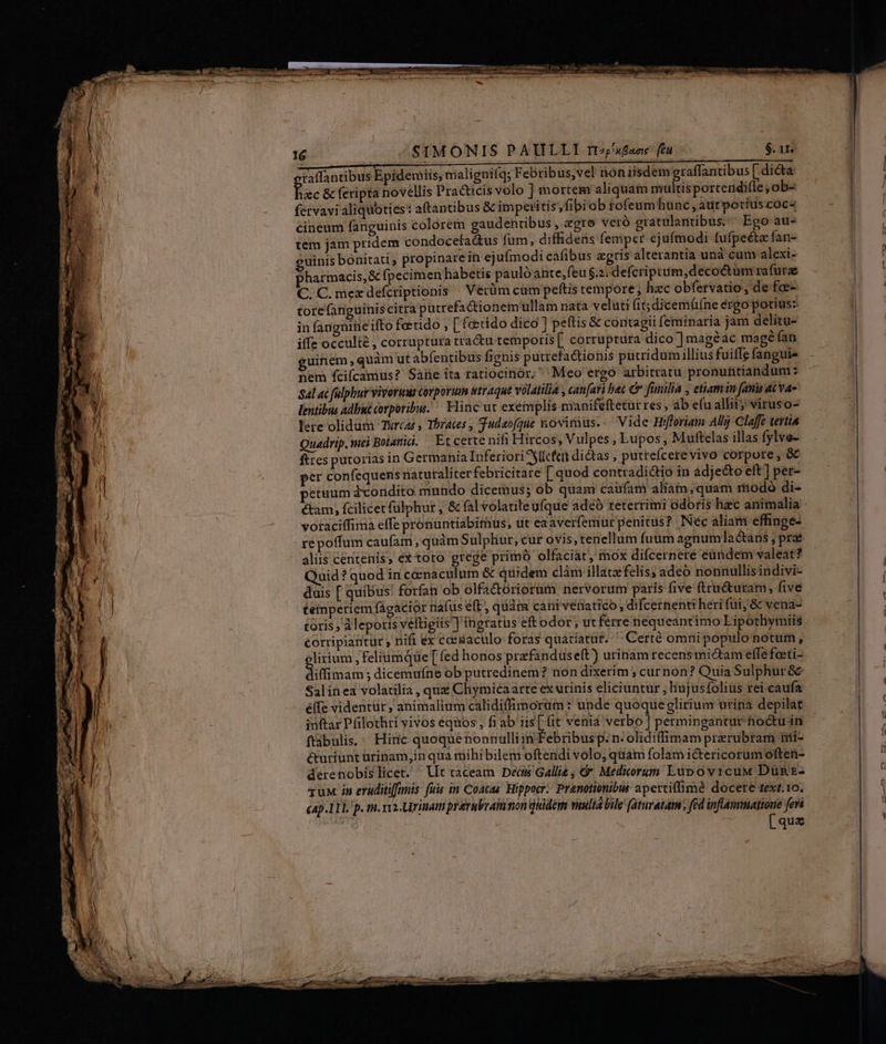 SIMONIS PAULLI rt»xfaac- ftu raffantibus Epidemiis, mrialignifq; Febribus,vel noniisdem graffantibus [. dicta xc &amp; feripta novellis Practicis volo ] mortem aliquam multis portendifle ; ob- férvavi aliquoties: aftantibus &amp; impetitis,fibiob rofeumhunc, autpotiuscocz cineum fanguinis colorem gaudentibus , €gro veró gratulantibus. ^ Ego au- tem jam pridem condocefa&amp;us fum, diffidens femper ejufmodi fufpeéte fan- uinis bonitati, propinarein ejufmodi cafibus egris alterantia unà cum alexi- pharmacis,&amp; fpecimen habetis paulo ante, feu $.2: defcriptum,decoctum rafurz C. C. mex defcriptionis Verüm cum peftis tempore, hzc obfervatio, de fee- torefanguiniscitra purrefactionemullam nata veluti fit; dicemüfne ergo potius: in fangnine ifto feetido , ['ferido dico ] peftis € contagii feminaria jam delitu- iffe occult , corruptura tractu temporis corruptura dico ] magéac magéfan guinem, quàm ut abfentibus fignis putrefa&amp;tionis putridum illius fuiffe fanguis Sem fcifcamus? Sane ita ratiocinór, Meo ergo arbirratu pronutitiandum: Sal ac falphur vivorus corporum straque volatilia , canfavi bet € fünilia , etiam in fami ac va- dentibus Adbui corporibus. ^ Hinc ut exemplis manifeftetur res , ab efu alit viruso- lere olidum Tercat , Thraces , Judeofque &amp;ovirius.. Vide Hifloriam Alij Claffe tertia Quadrip. wei Boianid. Etcertenifi Hircos, Vulpes , Lupos, Muftelas illas fylve- fires putorias in Germania Inferiori cfe dictas , putreícere vivo corpore , &amp; per confequens naturaliter febricitare [ quod contradi&amp;tio in adje&amp;o eft] per- petuum dcoridito mundo dicemus; ob quam caufam alia; quam raodo di- i votaciffima effe pronuntiabimus, üt eaaverfemur penitus? Néc aliam effinge- re poffum caufam, quàm Sulphur, cut ovis, tenellum fuum agnum]la&amp;ans ; pre aliis centenis, éx toto grege primó olfaciat, mox difcernere eündem valeat? Quid? quod in cenaculum &amp; quidem clàm illatz felis; adeó nonnullisindivi- duis [ quibus: forfan ob olfactoriorüm nervorum paris five ftru&amp;uram, five teinperiem fágacior nafus e(t, quàm cani vetatico , difcernenti heri fui, &amp; vena- toris, Aleports véftigiis] ingratis eftodor; utferre nequeantimo Lipothymiis corripiantur , nifi ex crsaculo foras quatiatur. ' Certé omnipopulo notum, lirium , felitimqüe [ fed honos przfanduseft) urinam recens mi&amp;am effe foci diia ; dicemufne ob putredinem? non dixerim ; curnon? Quia Sulphur &amp; Salinea volatilia , que Chymicaarte ex urinis eliciuntur , Hujusfoliüs rei-caufa éífe videntur, animalium calidiffimorüm : unde quoqueglirium urina depilat iüftar Pfilothri vivos equos fi ab iue venid verbo | permingantut-fio&amp;tu in fübulis.. Hiric quoquenonnulliin Febribus p. n. olidiffimam prerubram tii- &amp;uriunt ürinam,in qua mihi bilem oftendi volo, qam folam i&amp;tericorum often- derenobis licet. Vt taceam Dems Gallie ; &amp; Mediorum LupovicuM DüRE- qux in eruditi[fmis fuis in Coacae Hippocr. Prenotionibus apettiffime docere text.1o. cap. 11I. p. m. r1. Urinam pravabeammon juldém vila bile (aturatám; fed inflammatione feri | [qus