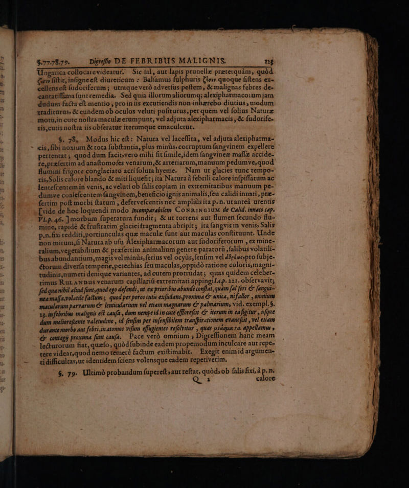 t$ ái s IB RUP t ——————————————————————— Ungatica collocarevideatur. Sic fal, aut lapis pruuellz preterquàm, quód (ier fitit, in(igneeft diureticum : Balfamus Bilans Cri» quoque fiftens ex- cellenseít (üdoriferum ; utraque veró advetíus peltem , &amp; malignas febres de- cantatiffima (untremedia. Sed quia illorum aliorumq; alexipharmacoium jam dudum facta elt mentio ; pro in iis excutiendis non inhazrebo diutius modum araditurus; &amp; eundem ob oculos veluti pofiturus, per quem vel folius Nature motü,in cute noftra maculz erumpunt, vel adjuta alexipharmacis , &amp; fudorife- tis,cutis no(tra iis obferatur iterumque emaculetur. $. 78, Modus hic eft: Natura vel laceffita, vel adjuta alexipharma- cis, fibi noxium &amp; tota fubftantia, plus minüs: corruprum fangvinem expellere pertentat ; quod dum facit;vero mihi fit fimile,idem fangvinez maffz accide- te,praíertim ad ana(tomo/es venarum,&amp; arteriarum,manuum pedumve;quod flumini frigore conglaciato acrifolutahyeme. Nam ut glacies tunc tempo- ris,Solis iban blando &amp; miti liquefit; ita Natura à febrili caloreinfpiffatum ac lentefícentem in venis, ac veluti ob falis copiam in extremitatibus manuum pe- dumve coalefcentem fangvinem,bencficio ignis animalis,feu calidi innati , prz- fertim poft morbi ftatum , defervefcentisnec ampliüsita p. n. utanteà urentis [vide de hoc loquendi modo imemparabilem Cow Ri1Nc1uM de Calid. innato cap. VI.p. 46. ] morbum füperatura fundit; &amp; ut torrens aut flumen fecundo flu- mine, rapidé &amp; fruftratim glacieifragmenta abripit; ita fangvisin venis» Salis p.n. fixi redditi,portiunculas que maculz funt aut maculas conftituunt. Unde non mirum,fi Natura ab ufu Alexipharmacorum aut fudoriferorum , ex mine- busabundantium,magis vel minüs, ferius vel ocyüs, (enim vel Z0edos;pro fubje- &amp;orum diverfa temperie,petechias feu maculas,oppidó ratione coloris,magni- tudinis,numeri denique variantes, ad cutem protrudat; quas quidem C n rimus Rur ANDus venarum capillariü extremitati appingil.ep. 221. obfervavit; fed quanibil aliud funt,quod ego defendi, ut ex prioribus abunde conflat,quam [al feri € [angui- nea ma[fevolatile fadum ; quod per poros cutis ex[udans,proxima € «nica, nifallor , omnium macularum parvarum € lenticularium vel etiam magnarum » palmarum; vid. exempl. $. x3. infebribus malignis e5l caufa , dum nempe id in cute efflovef iterum im ea figitur , ufque dum meliorecente Yalemdme , id fenfim per in[enfibilem tranjpirationem evane[at , vel eiiam durante morbo aut febri,in atomos vifum effugiemes vefolvitur , quas piagua a, appellamus s 4r contagi proxima funt caufa. Dace veró omnium ; Di reffionem hanc meam le&amp;urorum fiat, quzío, quód fubinde eadem probed n inculcare aut repe- cere videar,quod nemo temeré factum exiftimabit. | Exegit enimid argumen- zidifficultas, ut identidem (ciens volensque eadem repetiverim. $. 79. Ultimó probandum fupereft saut reftat; quód: ob falis fixi, à p. n. Q ai calore