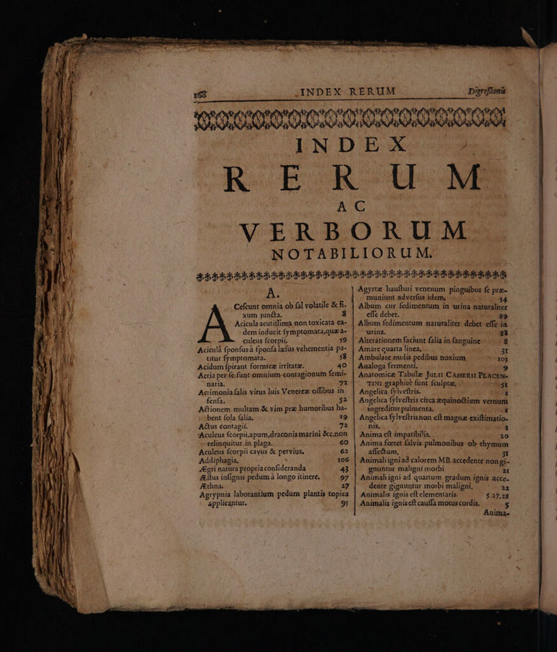 BST we A. xum Junta. Acicula acutiífima non toxicata ea- dem inducit fymptomata,qus a- culeus fcorpii. $9 Aciculà fponfusà fponfa laus vehementia pa- titur fymptomata. 58 Acidum fpirant formicz irritatze. 40 Acria per fe.funt omnium-contagionum femi- naria. 72 Acrimonia falis virus luis Venerez offibus ih. fenfa. $2 A&amp;ionem multam &amp;.yim pra humoribus ha- bent fola falia. 19 A&amp;us contagii. 72 Aculeus fcorpii,apum,draconis marini &amp;cinon relinquitur in plaga. 6o Aculeus fcorpii cavus &amp; pervius, 62 Addiphagia, 106 4Egri natura propria confideranda 43 J&amp;ítus infignis pedum à longo itinere, 97 JEthna. 27 Agrypnia laborantium pedum plantis topica applicantur. 9; muniunt adverfus idem. 5 Album «ur fedimentum in urina naturaliter effe debet. | 89 Album fedimentum naturaliter. debet effe ia rina. 88 Alterationem faciunt falía in fanguine 8 Amare quarta linea. 3I Ambulare nudis pedibus noxium 103 Analoga ferment, Ll Anatomice Tabule Juri CaAssERII PLACEN- TINI graphice funt fculptae, ER Angelica fylveftris. à Angelica fylveftris circa &amp;quinoctium vernum ingreditur pulmenta, I Angelica fylveftrisnon eft magna exiftimatio- nis. 1 Anima eft impatibilis, 4o Anima foetet falvis pulmonibus ob thymum affectum, 3I Animaliigniad calorem MB.accedente non gi- gnuntur maligni morbi 2 Anumaliigni ad quartum gradum ignis acce- dente gignuntur morbi maligni, 22 Animalis ignis eft elementaris. $.27,28 Animalis igniseft cauffa motus cordis, $ Anima-