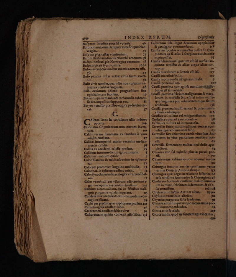 170 INDEX RFRUM. Digréfioris Bufonem interficit ruta fal volatile. ..46 | Caftoreum füb: lingua detentum-apople&amp;tico: Bufonem non omnitemporce interficit pix Nor- &amp; pou commendatur, 158 wagica,. 75 | Cauffa cur ponfusacu pun&amp;us paffas fit fym-- Bufones pice tactz; vomituriunt. 7$ ptomata ac filaíus à fcorpioncaut dracone marino effet. 65 Bufoni Brafiliano fuccus Nhambi venenum. 38. | Cauffa febrium malignarum eft fal maflz fan- Bufoni noftrati pix Norwagica venenum. |. 38 Bufonis picati fymptomata. 25.76 guinea: remiítus &amp; aliter atque aliter cor- Bufonis.temperics noftra mentis acumen: effu- ruptus. ro git. 44 | Cauffa macularum &amp; livoris eft fal... 127 Bufo picatus inftar urinae virus fuum. excer- | Cauffá marafmi fenilis. 136: nit. 76. | Cauffa motuscordis eff ignisanimalis; $ Bufo-vivit tamdiu, quamdiu nom turbatur.na- | Cauffa petechialium: -^ qóe turalis circulatio fanguinis. 46: | Cauffa proxima contigii &amp; macularum itfe-- Bulbi oculorum:.doloris. prognofficom fine bribus eft fai volatile. 7t ophthalmia in febribus. 19: | Cauffa proxima febrium. malignarum &amp; macu-- Butyratus panis manfus &amp; carbunculis tubercu- larum: in;morbilis &amp;c; eft fal infero maffa- . dis &amp;c.impofitus,füppurat eos.. 88 quefanguinca p.n. volatile iterumque fixum: Butyro remifto pix Norwagica pediculos. ne- redditum. 2 158: cat. j 57: | Cauffa proxima haufti veneni &amp; petechiarum: eft.una eademque. 126: . Cauttica vel tollunt vel mitígantfebrim;. 104 : Ceplialica aqua ad externosufus» 158; C. Alceos laxos in: cotidianos ufüs: induere oportet. 104. |. Cephalicamiftura ad internosufus; 158; Calcinatio. Chymicorum non; novum: inyen-. |. Cerevifize foecis paucum aliquot tonnas cerc-- tum. uo |o vifi tepida fermentari facit. j8rt63: Caldii. vivam flammam: ex faucibus X vino: |. Cerevifiz foex celerrime exerit vites fuas, ho» adüfto: eructant.. Uo eT]. minem in vita periculum: conjicere. pot- Calidz: intemperieii morbi: curantur medica- eít.. Ui. m mentis: calidis. 9s. | Ccrevifia fermentans: multos neci dedit apo- Calida ex accidenti calidis: profunt. 95 ple&amp;icos, 653: Calidum:innatum.diciturignisanimalis; ^ .$ | Chimica arte fal volatile: pluvia parari: pot- Calidum innatum quid? | s Eoeft. 2 TO Calor blandus: &amp; mitisadyertitur ini ephemes [. Chimicorum: cakinatio-non: noyum: invene rds c 12 tum. ; r1 0: Calorem promovet fanguinis multitudo; 12 | Chirurgus incautus arterias comitantes venas Calor p.n; in ephemieraadhuc mitis. Iz rarinas Conjugi Autoris abrupit. 17 Calor fynochi putridararalogiceeftarenofibal- | Chirurgus-quee negat in.relatione hifforica.de nei. : 17 Calor ventriculi: aut vifcerum: adjacentiumr a- guntin'opiumautcicutamlauftam: -— 129 cafu ratiflimo Anatomico &amp; Chirurgico: 148. * Choleram: horrendà cauffatur malunt limoni- ' » um in manu febricitantis.detentum. &amp; ab a-- Camino oleum addunt; qui ia: febribus: mali- lia comseftum; 107.108. gnis purgantia valida imperant. n5. |. Clyluscur inla&amp;eis AsErriralbus, | — 89.90 Candela duz accenfz &amp; extin&amp;as modunrcon- || Chylus.in ventriculo albefcit: 99 tagii explicant 74. | Chymice preparata: falia. laudantur. 91 Capiti cur profint qua: applicanturpedibus.os | Cibuspramanfus quicunque recens: natis. pue- Carneteneraconftantlabiavulvae — / so: | Cichtaacris &amp; calida. 1:y Caftorcum in quibus convenit affz&amp;tibus. 158 | Cicuta calida, quod in füroremagi videantur; qui —— TM :—