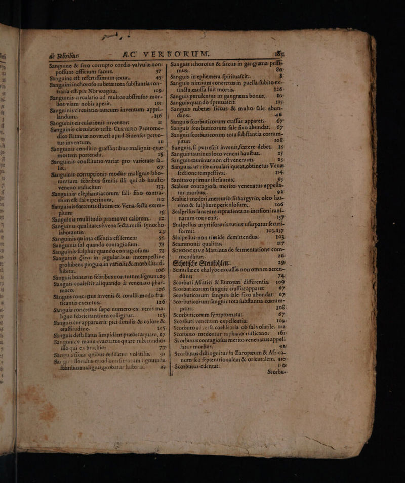 de Febribus: A.C Sanguine & (ero corrupto cordis: valyula.non: poffunt officium facere. 37 Sanguine eft: refertiffimum jecur,. 4$: Sanguiniinchorofo ru Betaetota fubftantiacon- traria eft. pix Nor wagica.. 109; Sanguinis circulario.ad multos'abfttufos mor. Dos viam: nobis aperit. 10r: Sànguiniscirculatio-aureum inventum: appel- landüm:;. 156 Sanguinis circulationis inventor: n: Sansuinis:circulatio'tefte CrEYERO!Protome- dico Bàtaviz novz,eít a pud.Sinenfes perve- tus inyentum:; n Sànguinis:condítio graffantibusmalignis: qua mortem portendit.. 15: Sanguinis conftitutio,variat pro: varietate. fa-- lis; 67 Sanguinis corruptionis modüs- malignis labo- rantium- febribus fimilis illi: qui-ab« haufto veneno indücitur:. 135; Sanguinis: elephiantiacorum: fali. fixo: contra« rium eft: falviperinum,. 112: Sanguinisfocrentis ftatim.ex. Vena: fetta exeme plum: T Sanguinis muliitudo:promovetcalorem:. | 12- Sanguinis qualitates &vena fe&aaniffi. fynocho: jaborantis:. : 231 Sanguinis quinta effentia:eft femen $5 Sanguinis fal quando contagiofum.. 7 Sànguinis-fülphur quandocontagiofum» ^ 73: Sanguinis- Qezo: in^ jugularibus: intempeftive xoliibent pinguia.in variolis&.morbillisud- Fibita: 106: maco. 126 Sánguis concretus invenis & coralli modo frü- ticantis-exemtus; 126: Saneuisconcretus fepe numero»ex: venis ma- ligne febricitantium colligitur: 125; Sanguis curapparuerit: pici.fimilis: &«colore & era(fitudine. 125, Sanguis deflillatus limpidànrprabet aquam, 87 Sansuisx manu evacuatus quare rupicundior: illo qui ex brachio: 27 Sanpuisfixus quibus reddatur. volitilis::./— 9: zu» floridussquodaicn fit cutum fignum in ' febribussmaligais;pcobatur hiitoria 23 i 185, Sanguis ichorofus & íiccus in gangrana pef mus;. 8o Sanguis imepliémera fpirituafcit:. 8: Sanguis nimium concretus;in puclla;fubito ex-- tinéta;cauffa fuit mortis. Sanguis purulentus im gangraena bonus; Sangnisquando fprituafcit: Sanguis: rubetae: ficcus: &. multo» fale: dansi. Sanguis fcorbuticorum craffus apparet. Sanguis fcorbutícorum fale fixo abundat.. 67 Sanguisfcorbuticornm:tota fübftantia.corrum- piturc 108: Sanguis, fi putrefcit invenis,foetere: debet... 15: Sanguistaurínusloco veneni hauftus.. 25 Sanguis:taurinus non eft venenum: 25: Sanguis; ut rite circulari.queat,obtinetur. V ene fc&ionetempeftiva;. n4: Sanitasoptimusthefaurus;. 95 Scabies: contagiofa: merito» venenatus:appella- tur: morbus;. 92: Scabiei:mederi;mercurio:lithargyrio; oleo lau- rino& fuülpliurepericulofum.. 106: Scalpellüslanceam reprafentans:incifioni rani- narum convyenit;. 1537 Scalpellus myrtiformis tutius ufürpatur fecuri- formi; 103,157 Séalpellus«non timide demittendus.. 103 Scammonii qualitas. 17 ScHOOcK1vS Martinus de. fermentatione com- mendatur:. 26, Chetifioe Gteinfoble:. 19) Scintilla ex-chalybeexcuffz non omnes:accen-- dünti 74 Scorbuti Afiatici & Europei differentia; — 109 Scorbuticorum fanguis craffüsapparet: 67 Scorbuticorum fanguis fale:fixo abundat; 67 Scorbuticorum fanguis tota fubftantia.corrum- pitt: 106; Scorbuticorum fymptomata:. 67; Scorbuti venenum expellentia:. 169; Scorbuto ad verfa cochlearia ob fal volatile. 112 Storbnto- medentur raphano'ruflicano; — 16r. Scorbutus contagiofüs merito venenatusappel- latur morbus; 9t. Scorbutusdiftinguiturin Eüropeum & Africa- num-feu f*ptentrionalem &-orientalem. 1310» Scorbutus:edentat.. ro Scorbus-