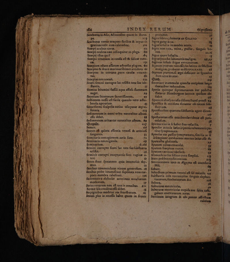 B«orbutus in Afia; Africaalius quam in Euro- » 10g Bcorbutus verno tempore facilius & ocyus in gratiam redit cum valetudine. i12 Scorpii aculeus.cavus. 62 Scorpij.aculeus non relinquiturán plaga. 60 Scorpij i&us qui? 64 Scorpii venenum in cauda eft & faline natu- ra. 431 Scorpium edunt affatum adverfus plagam. 6o Scorpius & draco marinus fibimet antidota. 61 Scorpius in extrema parte caudg vencna- Scorpius non nocuit. 132 Scorti femini corrupto lac refiftit.tota fua tub- ftantia, Scotico bitumini foffili aqua affufa.flammam auget, 9 Secretum fecretorum fecretiffimum,. — -:/ 42 Se&ionem noffe.eft facile quando vero adhi- benda.opero(um. 43 Securiformi fcalpello tutius! ufurpatur amyrti- formis. ; 103 Gedimentumin omni urina naturaliter album eflc debet, 88 Sedimentum.urinz cur naturaliter album. $9 Gtegale. 107 Semen. 66 Semen eft qiinta. effeatia -venofi ;'& arteriofi fanguinis. $5 Seminaria contagionum acria funt. 72 Geminaria nonneganda, 67 Seminarium. 65.66 Bemini corrupto fcorti lac tota fua fubftantia refiflit.^ ' ei.. Seminis corrupti receptacula funt. vaginz u- teri. i $1 Senes fiunt. fputatores quia intumefcit thy- mus. 32 Senibus commendatur vinum generofüm. 28 Senibus pedes intumefcunt füperiora vero cor- poris membra .tabefcunt. .; 136 SENNERTVS «lefeníor acerrimus occultorum morborum, aT 57 Series venarum non eft una in omnibus. 1or Sermo fale condituseffe debet. 53 Serpiginibus medetur ros feneftratum. 65 Serum plus in rcceffu habet quam in fronte Digrefftonis. . promittit. . 37 Signa febris ephemerz ex GALENO T Signa gangrana, :8$ S;gaadethália in morbis acutis, — 5 Signa non.tufa, urina, pulfus , fanguis bo- nus, 22,2$ Signa quare lethalia, 13 Signafynocho laborantis maligna, 26,27 Signum lethale frigus extremorum. 76 Signum prayum non effe,fürde(cere in febribus malignis, probatur ex:HiPPOCRATE. . J$ Signum pravum;fi zeri deficiant in fynochis dum vena fecatur. 23 Goob. | 1g Sororiarc mammule quando-occipiunt latois thoracibus induendum. 16$ Spatio quinque feptimanarum iter pedeftre Patavio .Hamburgum juyenis quidam àb- folvit 97 Specierü idiofyncrafia difcernihaud poteft. 44. Specifica & antidota dicuntur ob.totam fub- ftantiam. NU 48 Specifica funt quaetota fübftantia agere dicun- tür. ^ AMO Spe&atorem effe moribunda-rubetz eft pcri- culofum. 38 Spiritus vini in fehábet duo volatilia. 7 Sponfus acicula lefusáponfa;vehementia pa- titurfymptomata, $$ Sponíus cur paffus (ymtptomata, fimilia ac fi aícorpione autdracone.maiino laus cffe: 65 Sputaalba elutinofa, 29 Sputum cutem emaculat, 39 Sputum fcorpium enecat. ^62 Sputum verrucas tabefacit, 39 Stomachi ardor fittitur creta fimplici, 119 Stare pedibus nudis noxium. I Steicorationis loco in Zgypto eft inundatio Nili. 69 Subjcétum primum veneni eft (3l volatile, 152 Subftantia tota corrumpitur fanguis €lephan- tiacorum, fcorbuticorum.&c. 1o$ Subura, E Suburanz meretrícula, $0 Suburang meretriculee crepida aut. olea cafti- gabant enervatorum nates. icto ied Succinum iptegrum & ubi panno affridtum - calidum