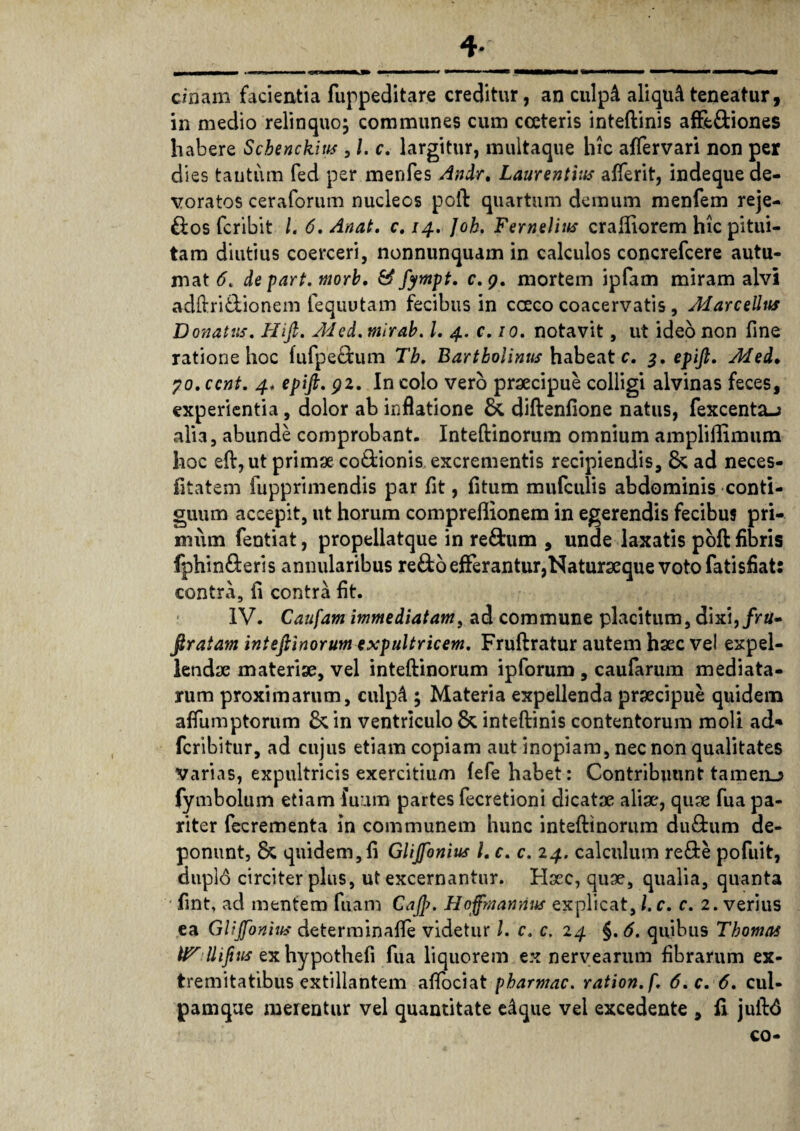 cinam facientia fuppeditare creditur, an culpd aliqui teneatur, in medio relinquo; communes cum coeteris inteftinis af&ftiones habere Schenckius , /. c, largitur, multaque hic affervari non per dies tautiim fed per menfes Andr, Laurentius afferit, indeque de¬ voratos ceraforum nucleos poli: quartum demum menfem reje- ftos fcribit L 6, An at, c, 14. ]oh. Fernelius cralfiorem hic pitui¬ tam diutius coerceri, nonnunquam in calculos concrefcere autu¬ mat 6, depart. moris, & fympt. c.g. mortem ipfam miram alvi adftri&ionem fequutam fecibus in cceco coacervatis, Marcellus Donatus, Hift. Med. mlrab. I. 4. c. 10. notavit, ut ideo non fine ratione hoc fufpe&um Tb, Bartholinus habeat c, 3, epift, Med• 70. ccnt. 4, epift, 92. In colo vero praecipue colligi alvinas feces, experientia, dolor ab inflatione & diftenfione natus, fexcenta-> alia, abunde comprobant. Inteftinorum omnium ampliffimum hoc eft,ut primae codionis. excrementis recipiendis, 8c ad neces- fitatem fupprimendis par fit, fitum mufculis abdominis conti¬ guum accepit, ut horum compreffionem in egerendis fecibus pri¬ mum fentiat, propellatque in re&um , unde laxatis poft fibris fphin&eris annularibus redo efferantur,Naturaeque voto fatisfiat: contra, fi contra fit. IV. Caufam immediatam, ad commune placitum, dixi,/ra- ftratam inteftinorum expultricem, Fruftratur autem haec vel expel¬ lendae materiae, vel inteftinorum ipforum , caufarum mediata¬ rum proximarum, culp& ; Materia expellenda praecipue quidem affumptorum & in ventriculo & inteftinis contentorum moli ad* fcribitur, ad cujus etiam copiam aut inopiam, nec non qualitates Varias, expultricis exercitium fefe habet: Contribuunt tameiu fymbolum etiam fuum partes fecretioni dicatae aliae, quae fua pa¬ riter fecrementa in communem hunc inteftinorum du&um de¬ ponunt, & quidem, fi Glijfonius 1, c, c. 24. calculum re&e pofuit, duplo circiter plus, ut excernantur. Haec, quae, qualia, quanta fint, ad mentem fuam Caft. Hoffmannus explicat, l. c. c, 2, verius ea Glijfonius determinafle videtur l. c. c. 24 §. 6, quibus Tbomas lliftus ex hypothefi fua liquorem ex nervearum fibrarum ex¬ tremitatibus extillantem aftociat pbarmac. ration.f, 6,c, 6, cul¬ pamque merentur vel quantitate e^que vel excedente , fi juftd co-