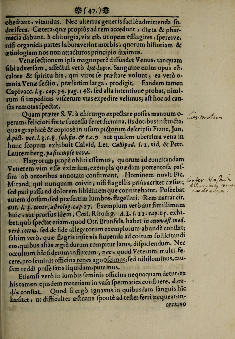 ©r47‘)@ - ' -y/ - h7 -t-n obediant» vitandus. Nec alterius generis facile admittenda fu- dori fera» Csetera^qu^ propius ad rem accedunt > diseta &phar- macra dabunt. \ chirurgia, vix cft> ut opem efflagites, fperesve, nifi organicis partes laboraverint morbis, quorum hiftoriam & aetiologiam nos non attaduros principio diximus. Venae fedion em ipfa magnoper^ dilluadet Venus, tanqnam iibiadverfam, affedlui verb o>o4«<pov. Sanguine enim opus eft, calore & fpiritu his, qui viros fe prapftare volunt ^ ea verh o* mnia Venae fedio, praefertim larga, prodigit* Eandem tamen Capivacc./.^. C4p.j4' p^^.i48> fcd alia intentione probat, nimi- lum fi impeditas vifcerum vias expedire velimus^ aff hoc ad cau- fas remotas fpedat. Quam pr^ter S. V. ^ chirurgo expedare poifes manuum o- peramTleliciori forte fucceifu feret ftEmina, iis dotibus inftruefa, quas graphice & copiose in ufum pidorum defcripfii Franc. ]un* aut qualem uberrima vena in hunc fcopum exhibuit Calvid» Lct. Callip^d» /. i.vid. &Pctr. h^utemberg,pa/tcotHpfe nova» Flagrorum prop^ obliti efTemiis, quorum ad concitandam Venerem vim efFe eximiam,exempla qujcdam portentofa paf- fim ab autoribus annotata confirmant* Hominem novit Pic. ' ^ / Mirand* qui nunquam coivit, nififlagellis prihsacritercjefus; fcd pari palFu ad dolorem libidinem que connitebatur, Pofeebat . autem dor(um,fed prsefcrtim lumbos, flagellari. Rem narrat cit* aut* /, $»contr,aflrolo£.cap.iy» Exemplum verhautfimillimum huic, aut prorfus idem, Coei. Rhodig. A» L»l. 11. (ap.i f»exhi- bet.quo fpedfatetiam,quod Ott. Brunfels. habet h onomaft.med. verb coitus, fed de fide allegatorum exemplorum abunde conflat; faltim vero, quae flagris infit vis flupenda ad coitum follicitandi eos»quibiis ali^s jcgvc durum rumpitur latus, difpiciendum. Nec occultum hic fideiiim influxum ,_nec, quod Veterum multi fe¬ cere,proJ^inisofficinaj;enei^no£im^fed nihilominus,cau- fam reddi pofle fatisliquidam»putamus« Etiatnfi vero in lumbis feminis officina nequaquam detur,ex his tamen ejusdem materiam in vafa fpermatica confluere, »1^0- • 4U conflat. Quod fi ergb ignavus in quibusdam fangins hic halitet I ut difficulter aftuans fponta ad teftes ferri nequeat,m* centivo 1