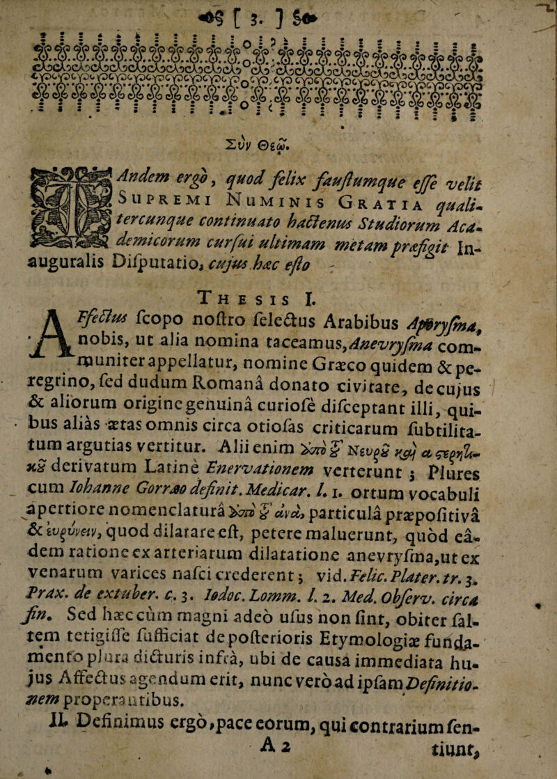 «•S t s. ] S«* ■ YD Zvj/ ©goT. «g*, quod felix faufiumque ejfe velit Supremi Numinis Gratia quali- ter cunque continuato haftenus Studiorum Aca¬ demicorum cur fui ultimam metam Prafigit in¬ auguratis Difputario, cujus hac efto - Thesis I. AFfetfus fcopo noftro feledus Arabibus Afiryfma, nobis, ut alia nomina taceam\is,Anevryfma com¬ muniter appellatur, nomine Gratco quidem & pe¬ regrino, fed dudum Romana donato civitate, decu/us & aliorum origine genuina curiofe difceptant illi, qui- ■ bus alias ams omnis circa otiofas criticarum fubtilira tum argutias vertitur. Alii enim m a uS derivatum Latine Enervationem verterunt j Plures cum Iohanne Gorrao definit.Medicar. 1.1, ortum vocabuli apertiore nomenclatura WW particula prspofitivi quod dilatare eft, petere maluerunt, quod ea¬ dem ratione ex arteriarum dilatatione anevryfrna,utex venarum varices nafcicrederent; vid.Felic.Plater.tr.3, Prax. de extuher. c. 3. lodoc. L.omm. 1.2. Med. obfirv. circa Jin. Sed hatccum magni adeo ufus non fint, obiter fal- tem tctigiiTe fufficiat depofterioris Etymologije funda¬ mento plura diduris infra, ubi de causa immediata hu- jus Affedus agendum erit, nunc vero ad \$&mDefmitio. stem properantibus. ■Ib Definimus ergo,pace eorum, qui contrarium fen- A 2 tiunr, 4»