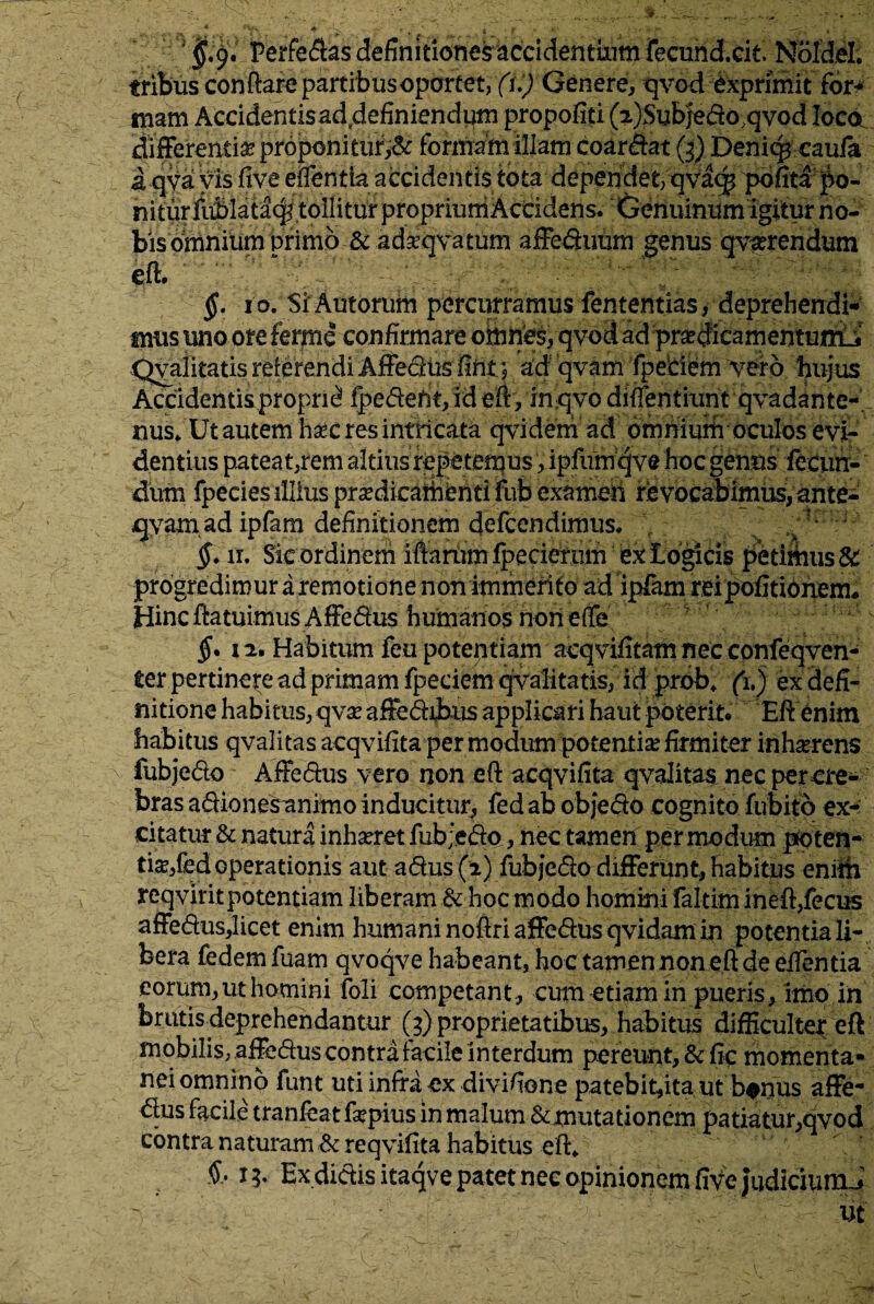 1 §'.$• Perfedas definitiones acddentiiimfecundxk. Nofdel. tribus conftare partibus oportet, (i:) Genere, qvod exprimit for¬ mam Accidentis ad definiendum propofiti (2)Subjedoqvod loca differentia prdponituf>& formam illatn coarto (3) Deni^ caula a qVa vis five effentia accidentis tota deperi'det/qV^^ ^flt^'j|o- nitur fublataq? tollitur proprium Accidens. Genuinum igitur ho-^ bis omnium primo &ada?qvatum affeduum genus qva?rendum eft.. §. 10. Si Autorum percurramus fententias, deprehendi¬ mus uno ore ferme confirmare omries, qvod ad pr^dicamentunii Qvalitatis referendi Affedus fifit; ad qvam fpeCifem vero hujus Accidentis proprii fpedeftt, id eft , inqvo diffentitint qvadante- nus. Ut autem haec res indicata qvidem ad omnium oculos evi¬ dentius pateat,rem altius repetemus, ipfurnqve hoc genus fecun¬ dum fpecies illius praedica-ttifefiti fub exameii re vocabimus, ante- qvam ad ipfam definitionem defccndimus. §. 11. Sic ordinem iftammipecieriun iex logicis petithus& progredimur a remotione non immerito ad ipiam rei politionem. Hinc ftatuimus Affedus humanos non effe §* 12. Habitum feu potentiam acqvifitath nec confeqven- ter pertinere ad primam fpeciem qvalitatis, id prob. fi.) ex defi¬ nitione habitus, qvx affediixus applicari haut poterit. Eft enim habitus qvalitasacqviftta per modum potentia? firmiter inhaerens fubjedo Affedus vero non eft aeqvifita qvalitas nec per cre¬ bras adiones animo inducitur, fedabobjedo cognito fubito ex¬ citatur & natura inharet fubjedo, nec tamen per modum poten¬ tis?,fed operationis aut adus (2) fubjedo differunt, habitus enith reqviritpotentiam liberam & hoc modo homini faltim ineft,fecus affedus,licet enim humani noftri affedus qvidam in potentia li¬ bera fodem fuarn qvoqve habeant, hoc tamen non eft de eifentia eorum, ut homini foli competant, cum etiam in pueris, imo in brutis deprehendantur (3) proprietatibus, habitus difficulter eft mobilis; affedus contra facile interdum pereunt, & fic momenta¬ nei omnino funt uti infra ex divifiene patebit,itautb*nus affe¬ dus facile tranfeatfsepius in malum&mutationem patiatur,qvod contra naturam & reqvifita habitus eft. & Ex didis itaqve patet nec opinionem fnte jtidiciumJ
